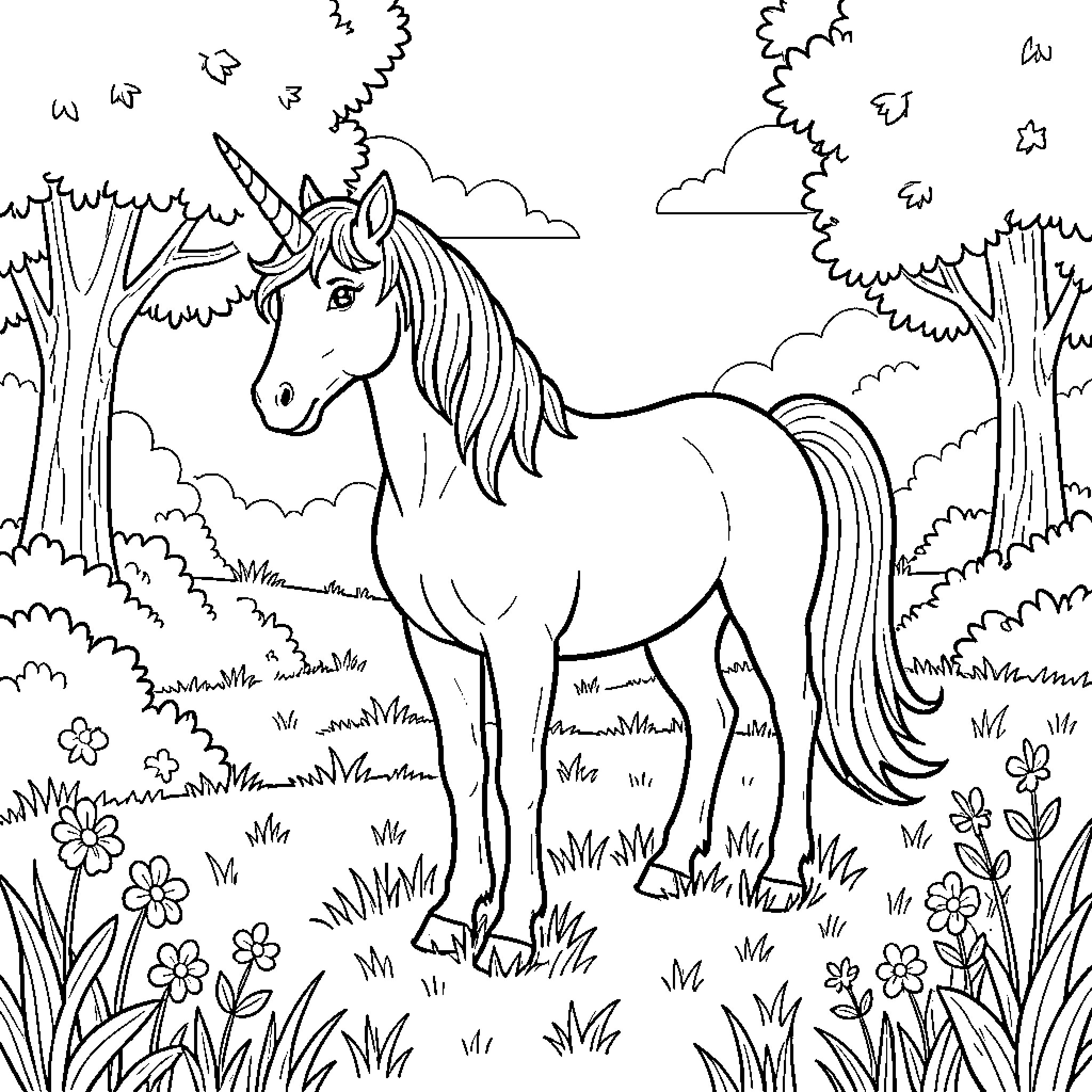 Unicorn standing peacefully in a flowery meadow Coloring Page (free black-and-white line drawing printable PDF for all, from beginners to advanced learners, including children, teens, adults, and seniors)