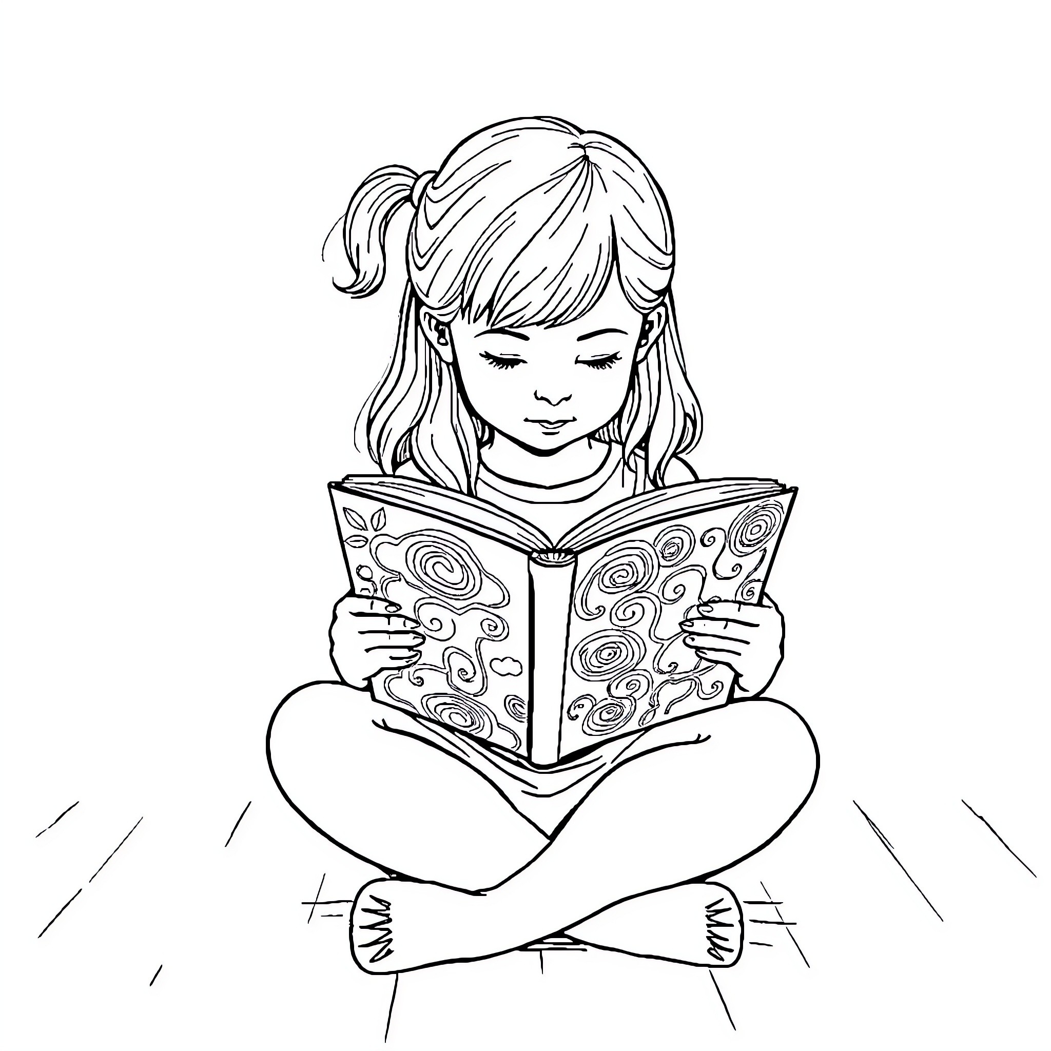 Girl reading a book intently Coloring Page (free black-and-white line drawing printable PDF for all, from beginners to advanced learners, including children, teens, adults, and seniors)