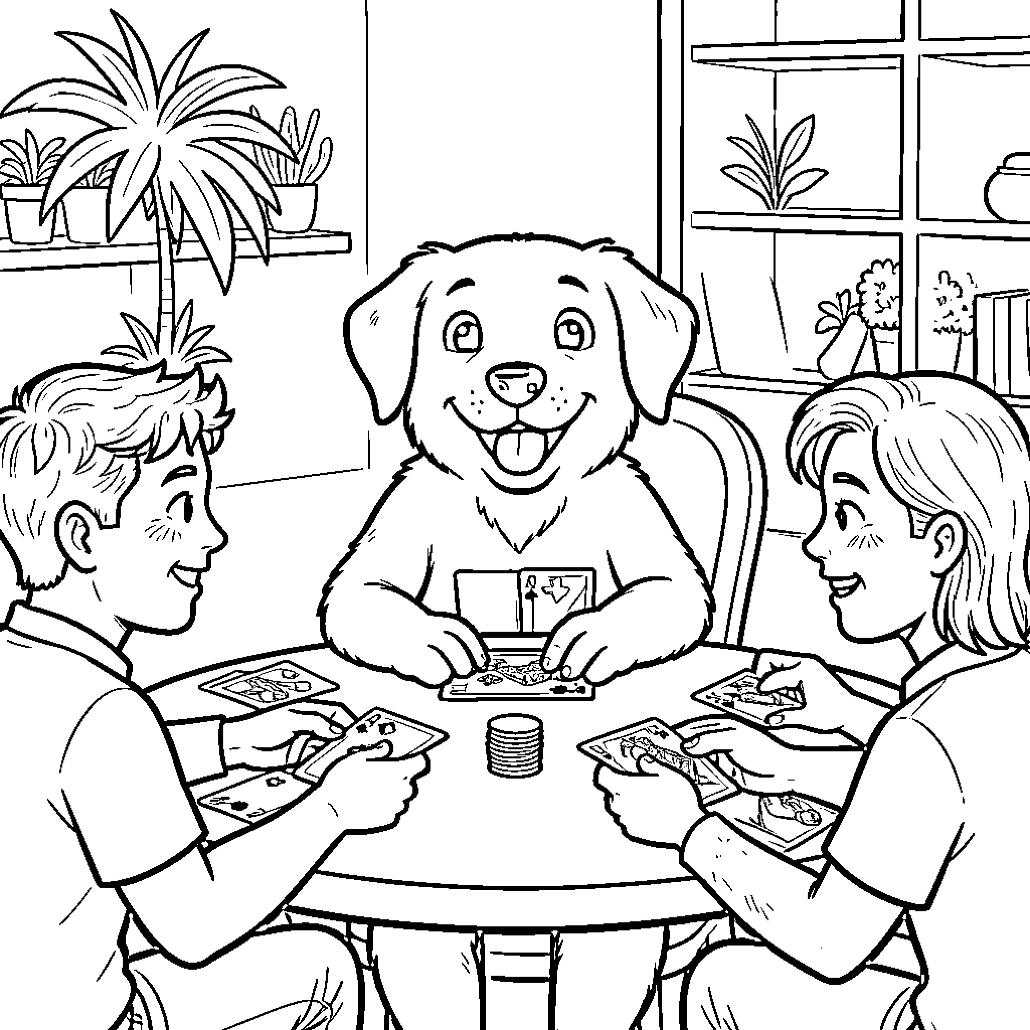 Perro jugando con niños en la mesa Coloring Page (free black-and-white line drawing printable PDF for all, from beginners to advanced learners, including children, teens, adults, and seniors)