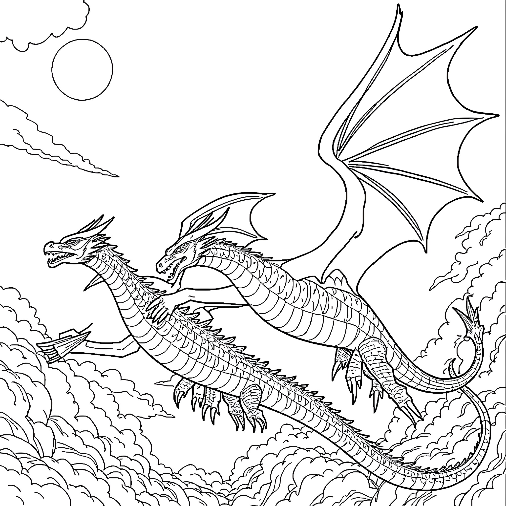 Dragon soaring through the cloudy sky Coloring Page (free black-and-white line drawing printable PDF for all, from beginners to advanced learners, including children, teens, adults, and seniors)
