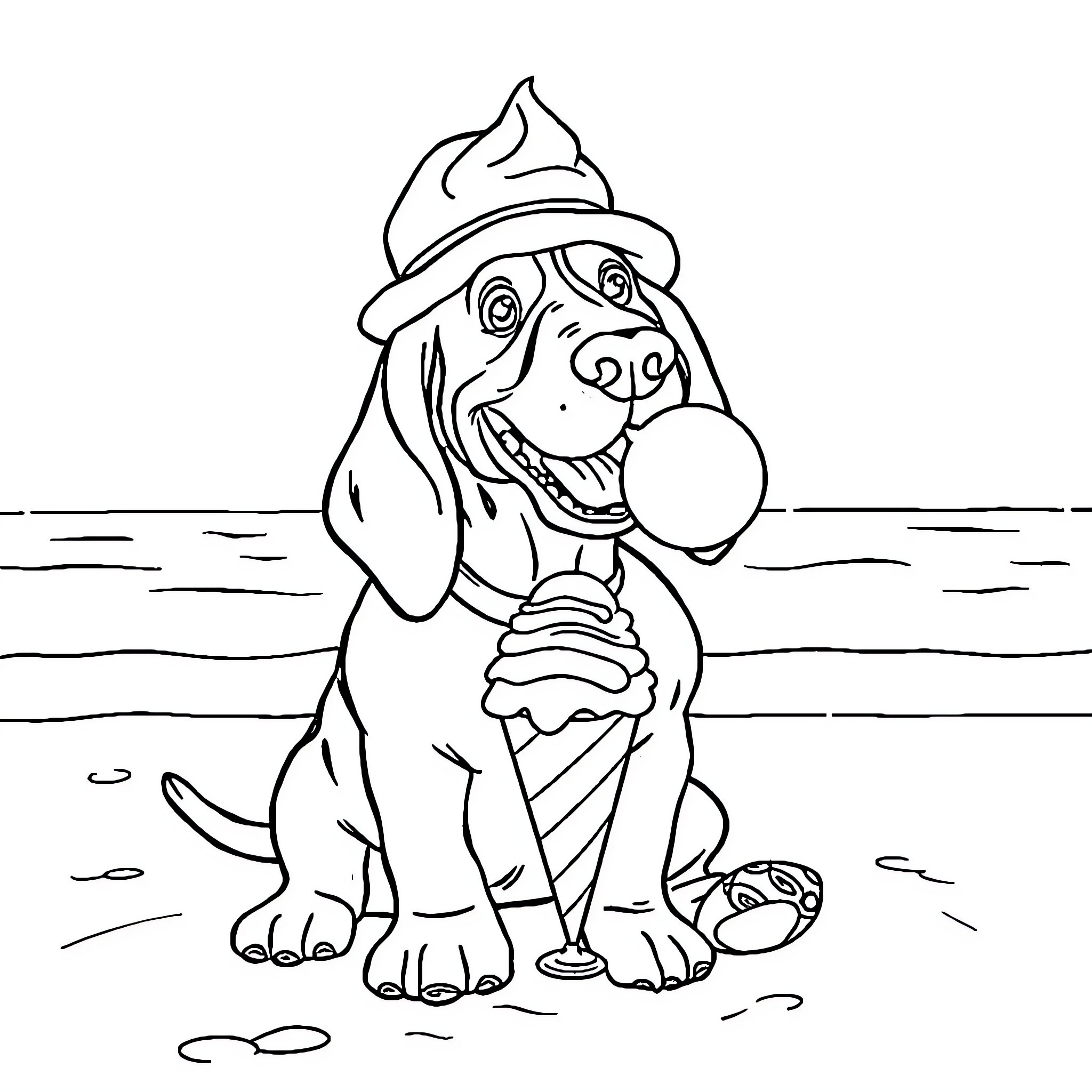 Basset Hound enjoying a summer day at the beach Coloring Page (free black-and-white line drawing printable PDF for all, from beginners to advanced learners, including children, teens, adults, and seniors)