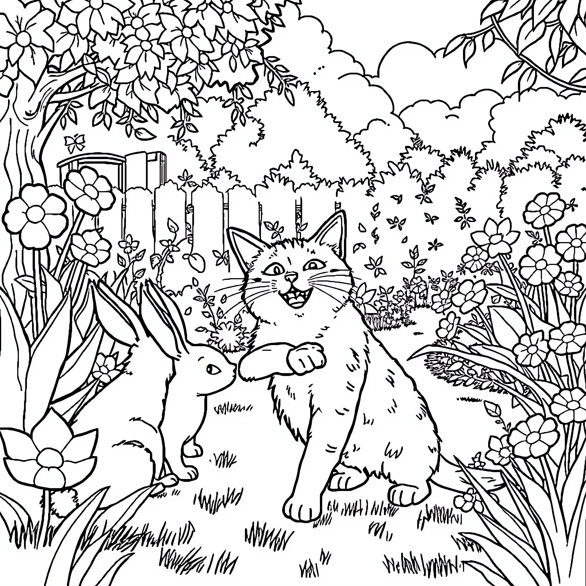 Chat with cats in the floral garden Coloring Page (free black-and-white line drawing printable PDF for all, from beginners to advanced learners, including children, teens, adults, and seniors)