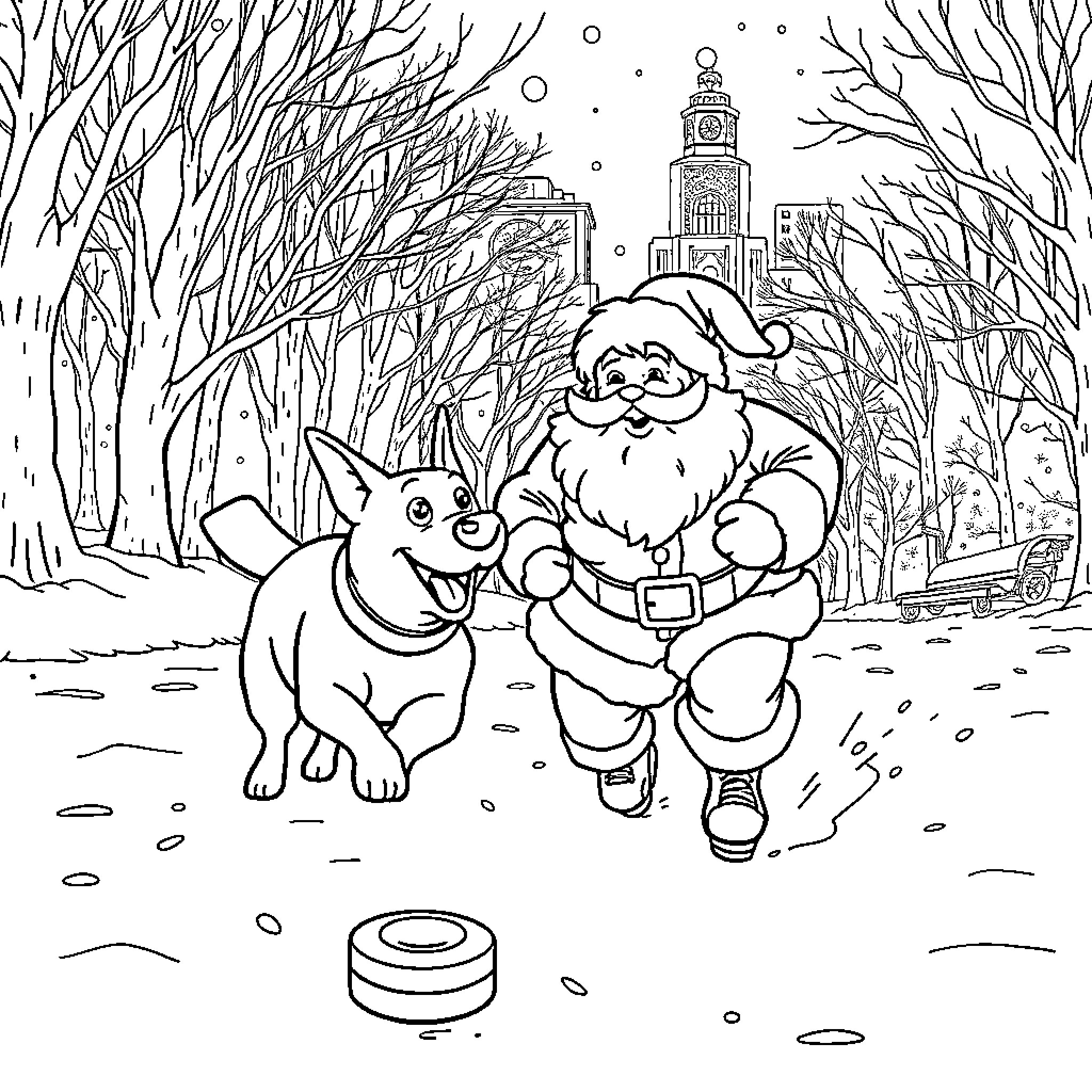 Dog and Santa Claus playing in the snowy park Coloring Page (free black-and-white line drawing printable PDF for all, from beginners to advanced learners, including children, teens, adults, and seniors)