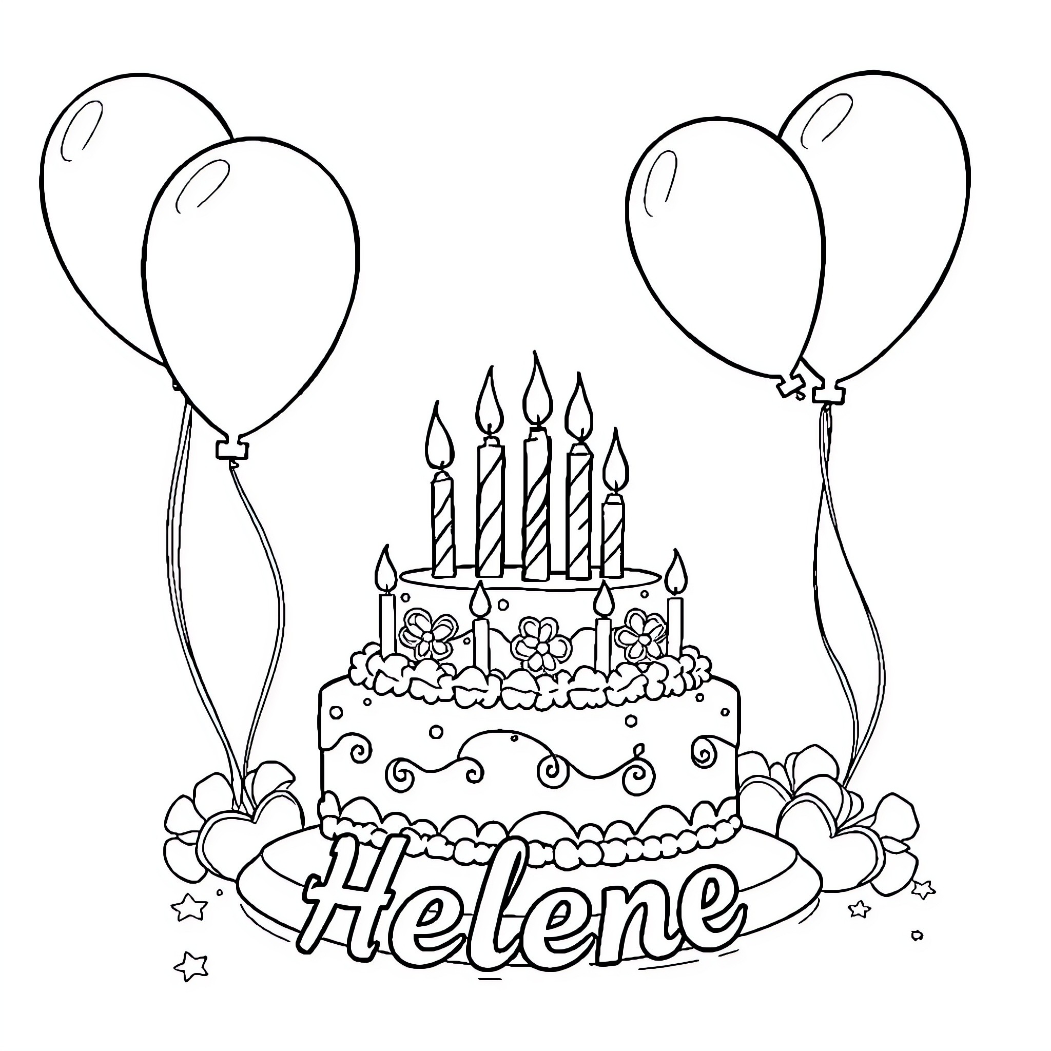 Birthday celebration with cake and balloons Coloring Page (free black-and-white line drawing printable PDF for all, from beginners to advanced learners, including children, teens, adults, and seniors)
