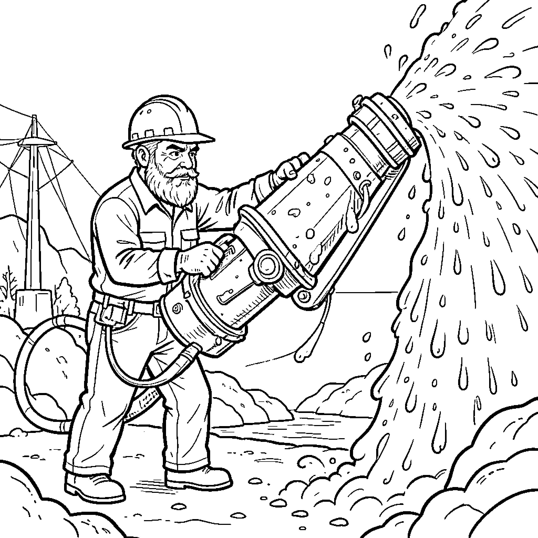 Minero working diligently with mining equipment Coloring Page (free black-and-white line drawing printable PDF for all, from beginners to advanced learners, including children, teens, adults, and seniors)