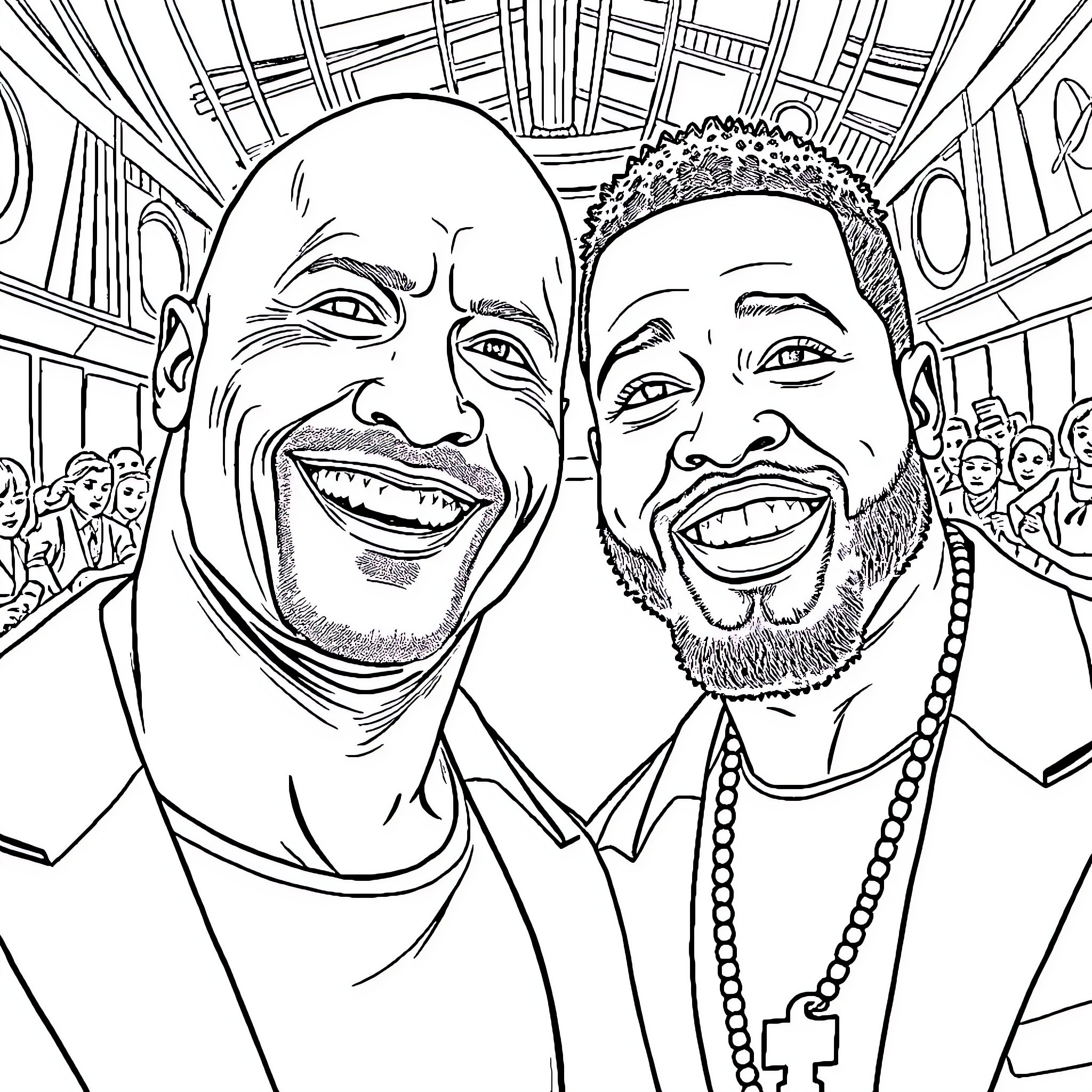 Dwayne Johnson and Kevin Hart in joyful celebration Coloring Page (free black-and-white line drawing printable PDF for all, from beginners to advanced learners, including children, teens, adults, and seniors)
