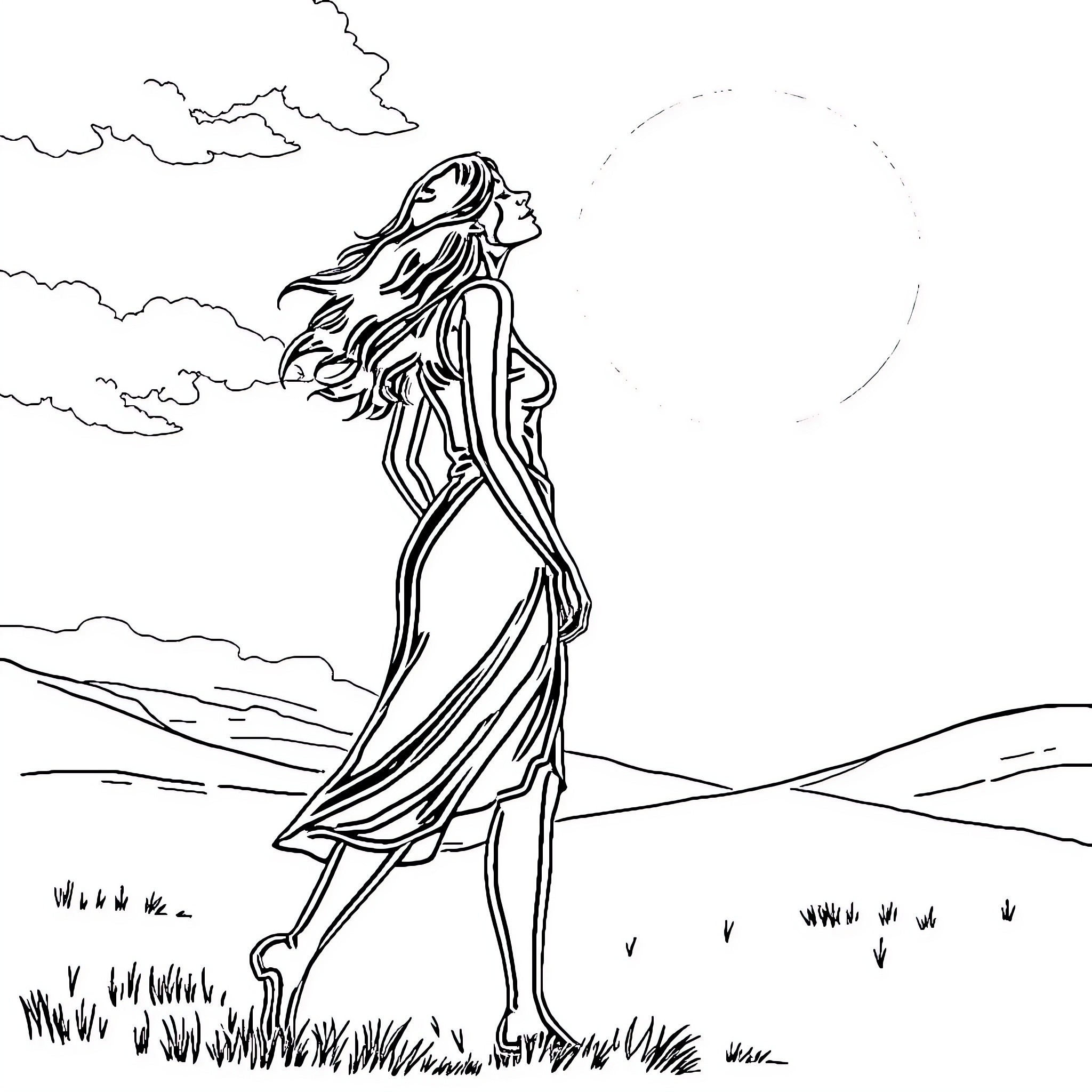 Woman standing amidst scenic landscape Coloring Page (free black-and-white line drawing printable PDF for all, from beginners to advanced learners, including children, teens, adults, and seniors)