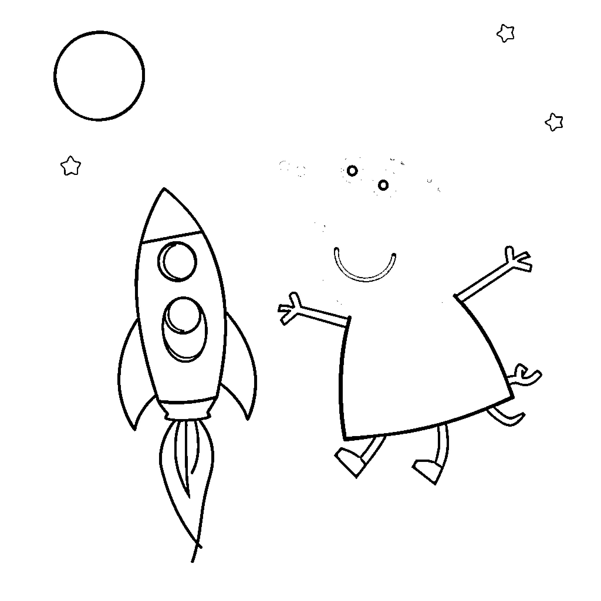 Peppa Pig and rocket ship in the stars Coloring Page (free black-and-white line drawing printable PDF for all, from beginners to advanced learners, including children, teens, adults, and seniors)