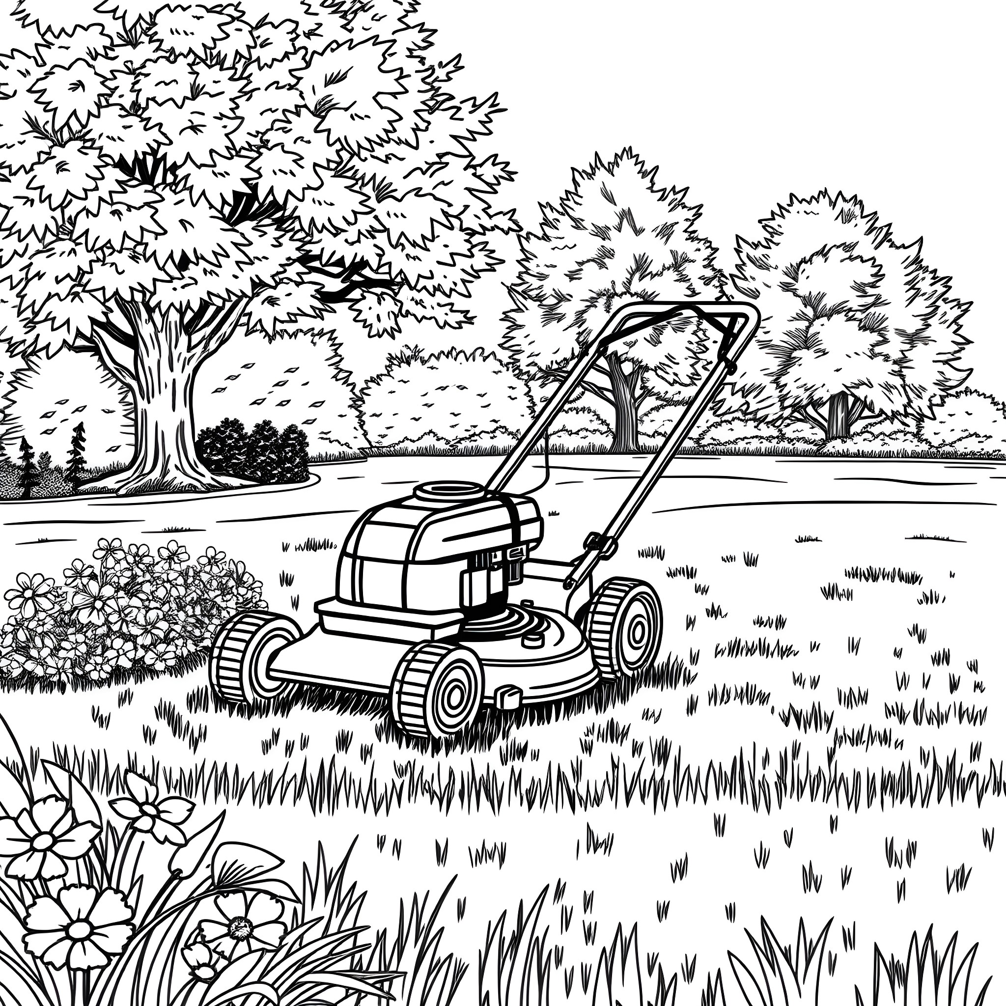 Lawn Mower Cutting Grass in a Scenic Landscape Coloring Page (free black-and-white line drawing printable PDF for all, from beginners to advanced learners, including children, teens, adults, and seniors)