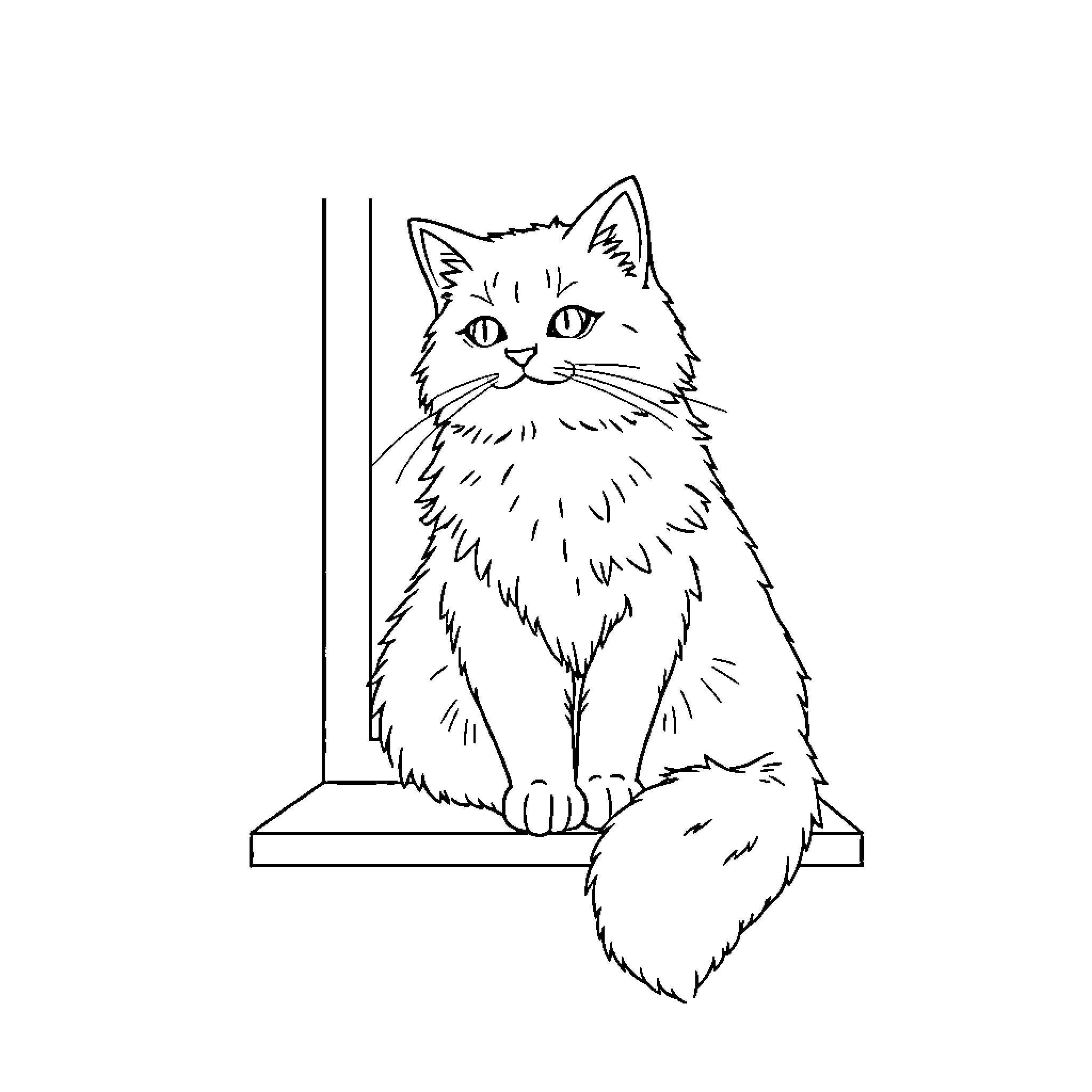 Cat sitting patiently on windowsill Coloring Page (free black-and-white line drawing printable PDF for all, from beginners to advanced learners, including children, teens, adults, and seniors)