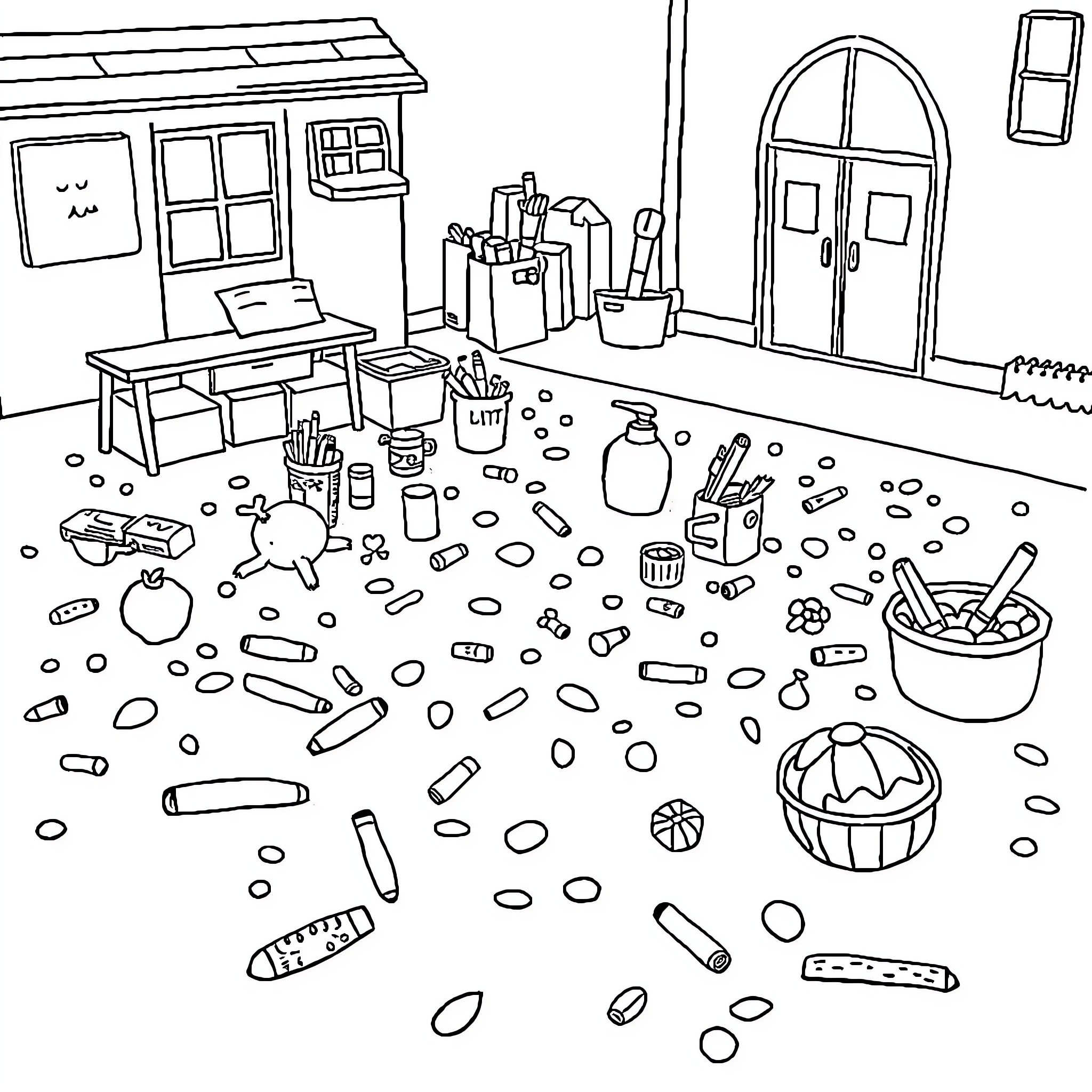School supplies scattered in messy classroom Coloring Page (free black-and-white line drawing printable PDF for all, from beginners to advanced learners, including children, teens, adults, and seniors)