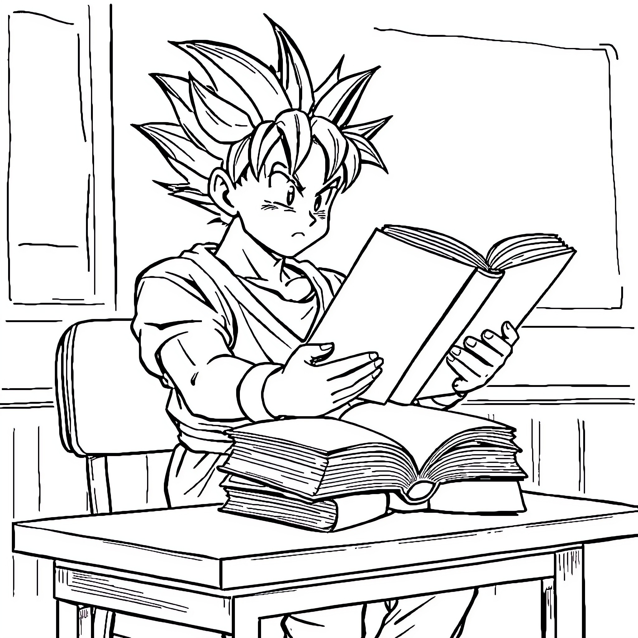 Goku studying diligently at the desk Coloring Page (free black-and-white line drawing printable PDF for all, from beginners to advanced learners, including children, teens, adults, and seniors)