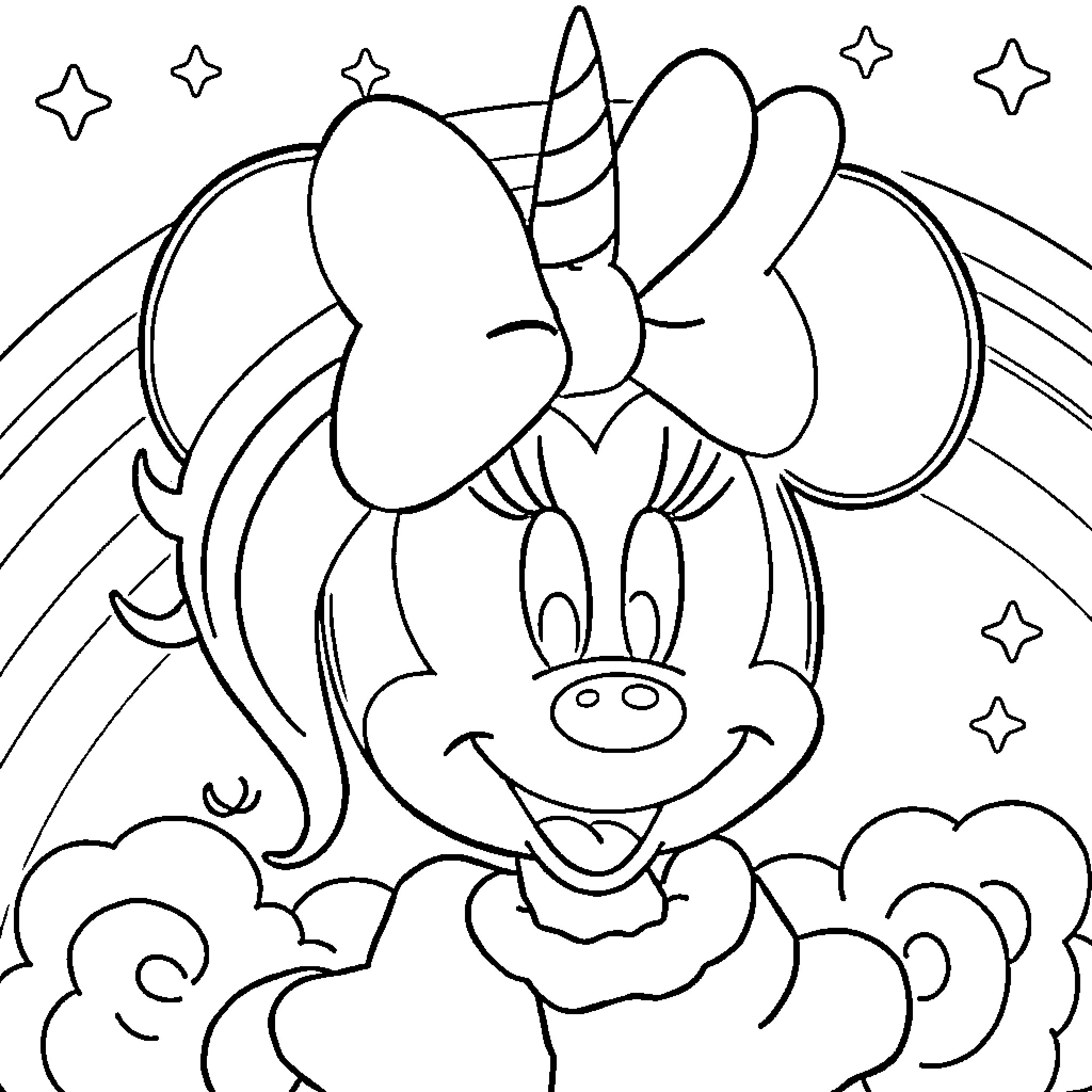 Minnie's Magical Unicorn Wonderland Coloring Page (free black-and-white line drawing printable PDF for all, from beginners to advanced learners, including children, teens, adults, and seniors)