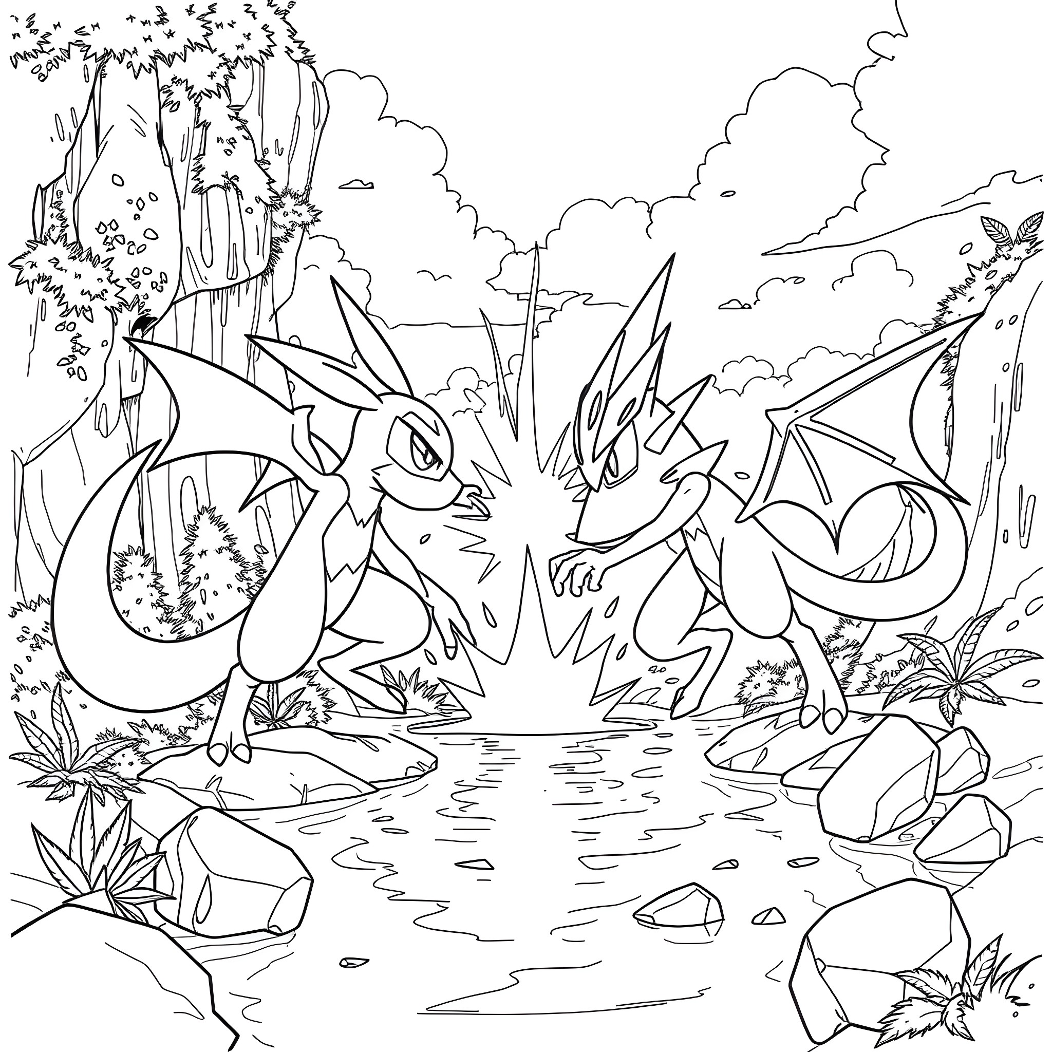 Lucario Battling Fierce Pokémon in Mystical Forest Coloring Page (free black-and-white line drawing printable PDF for all, from beginners to advanced learners, including children, teens, adults, and seniors)