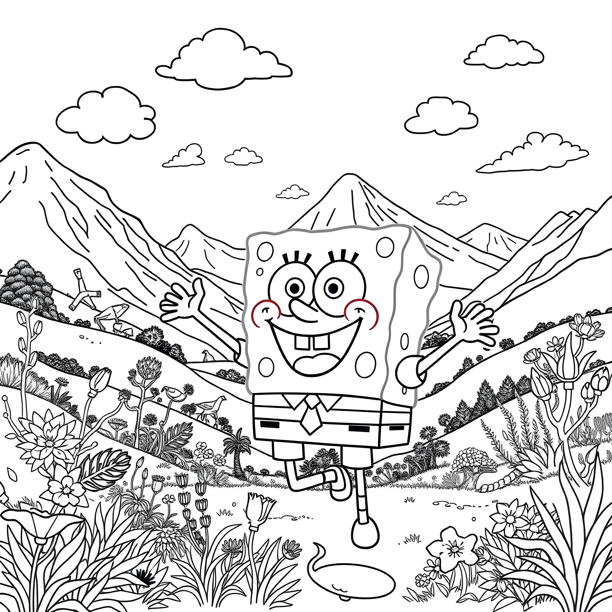 Spongebob enjoying the outdoor mountain scenery Coloring Page (free black-and-white line drawing printable PDF for all, from beginners to advanced learners, including children, teens, adults, and seniors)