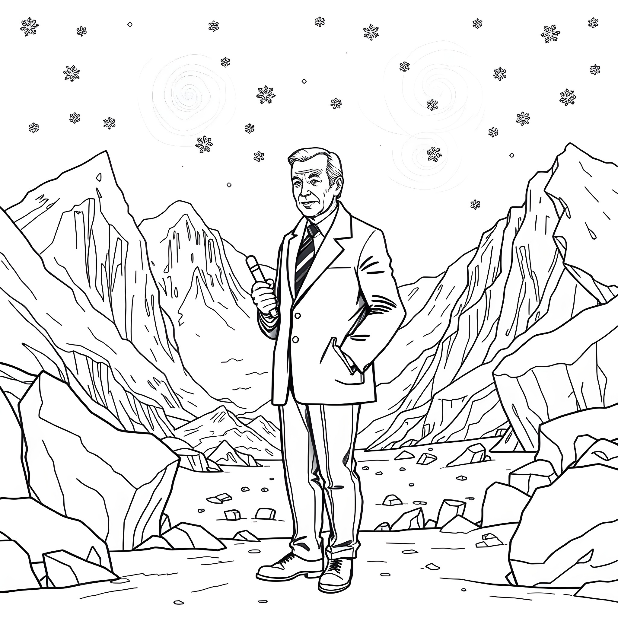 Joe Biden standing in the snowy mountains Coloring Page (free black-and-white line drawing printable PDF for all, from beginners to advanced learners, including children, teens, adults, and seniors)
