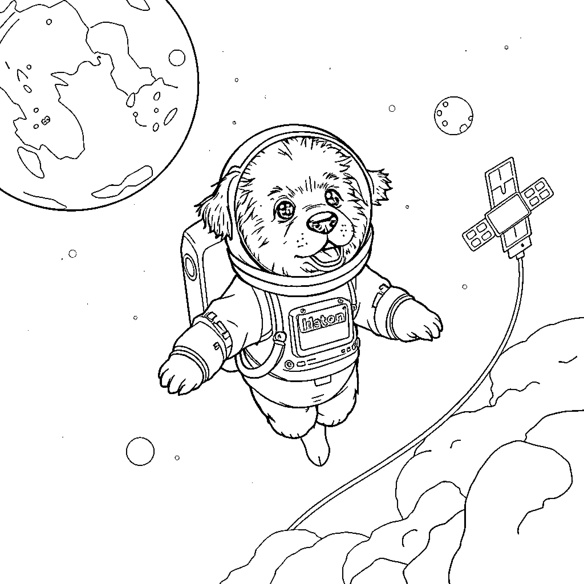Dog astronaut exploring the cosmos Coloring Page (free black-and-white line drawing printable PDF for all, from beginners to advanced learners, including children, teens, adults, and seniors)