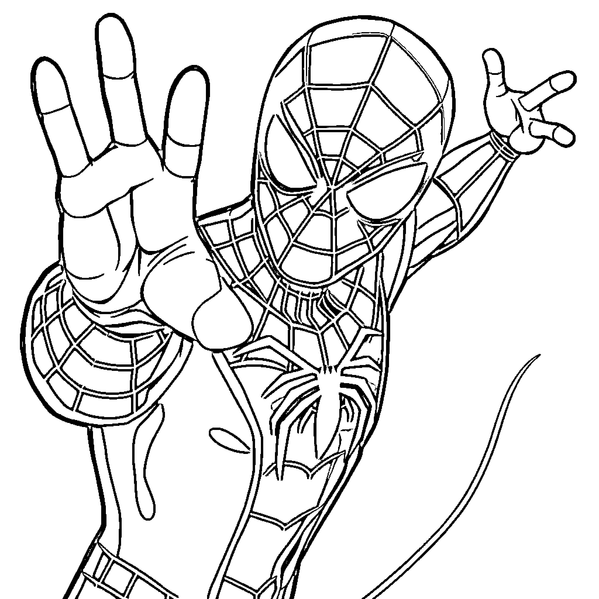 Spider-Man swinging into action Coloring Page (free black-and-white line drawing printable PDF for all, from beginners to advanced learners, including children, teens, adults, and seniors)