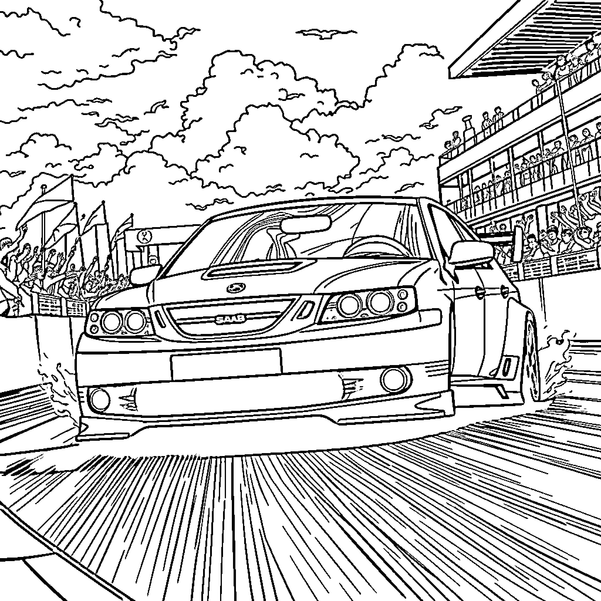 Saab 9-3 racing on the track with fans Coloring Page (free black-and-white line drawing printable PDF for all, from beginners to advanced learners, including children, teens, adults, and seniors)