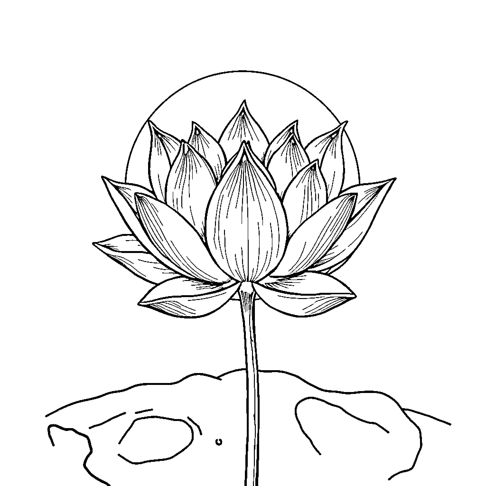 Lotus flower in simple line art illustration Coloring Page (free black-and-white line drawing printable PDF for all, from beginners to advanced learners, including children, teens, adults, and seniors)
