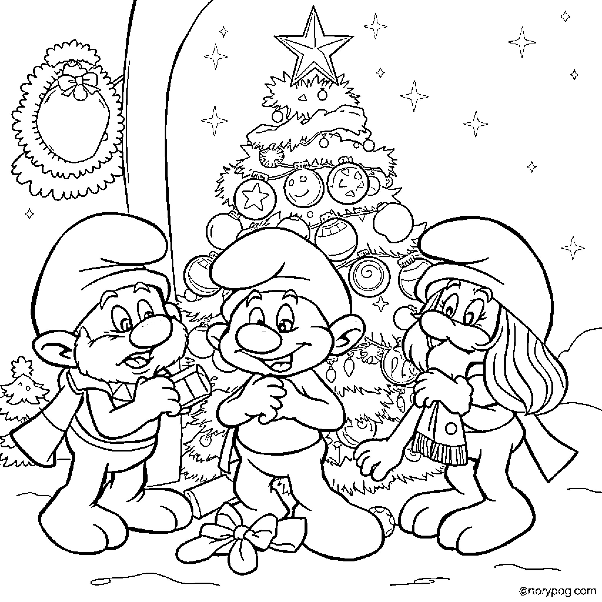 Smurf family decorating Christmas tree happily Coloring Page (free black-and-white line drawing printable PDF for all, from beginners to advanced learners, including children, teens, adults, and seniors)