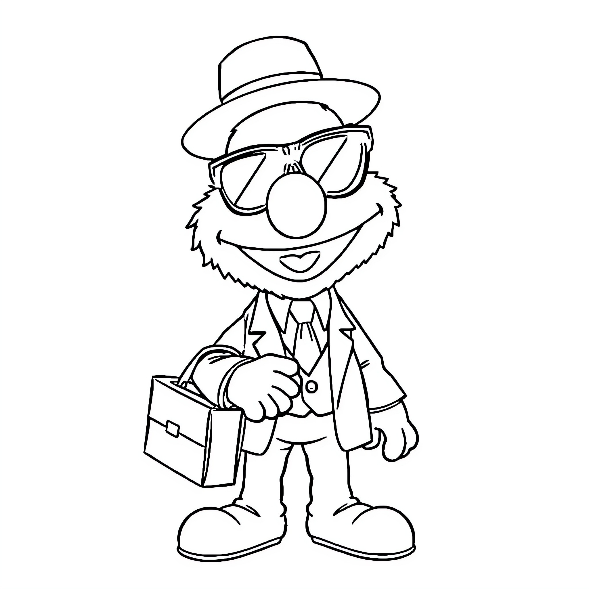 Elmo dressed as a professional in a suit and hat Coloring Page (free black-and-white line drawing printable PDF for all, from beginners to advanced learners, including children, teens, adults, and seniors)