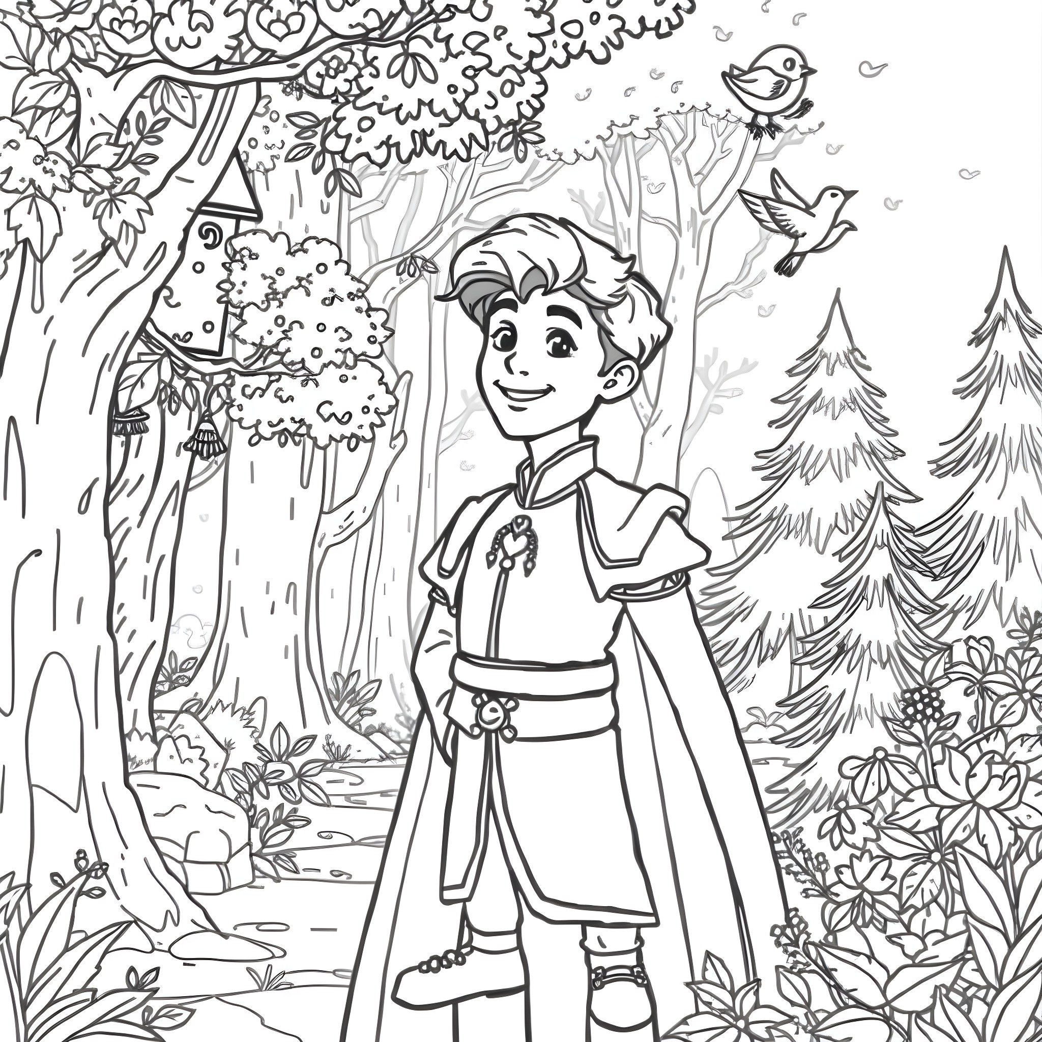Prince Exploring the Enchanted Forest Coloring Page (free black-and-white line drawing printable PDF for all, from beginners to advanced learners, including children, teens, adults, and seniors)