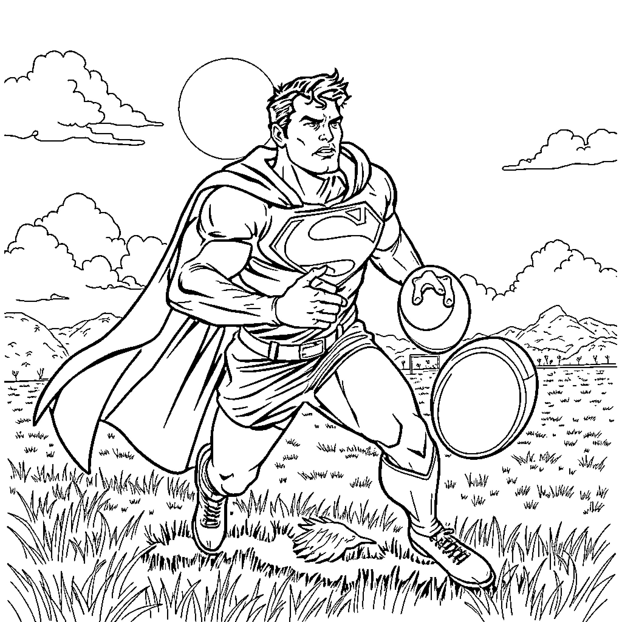 Superman flying heroically through a scenic landscape Coloring Page (free black-and-white line drawing printable PDF for all, from beginners to advanced learners, including children, teens, adults, and seniors)