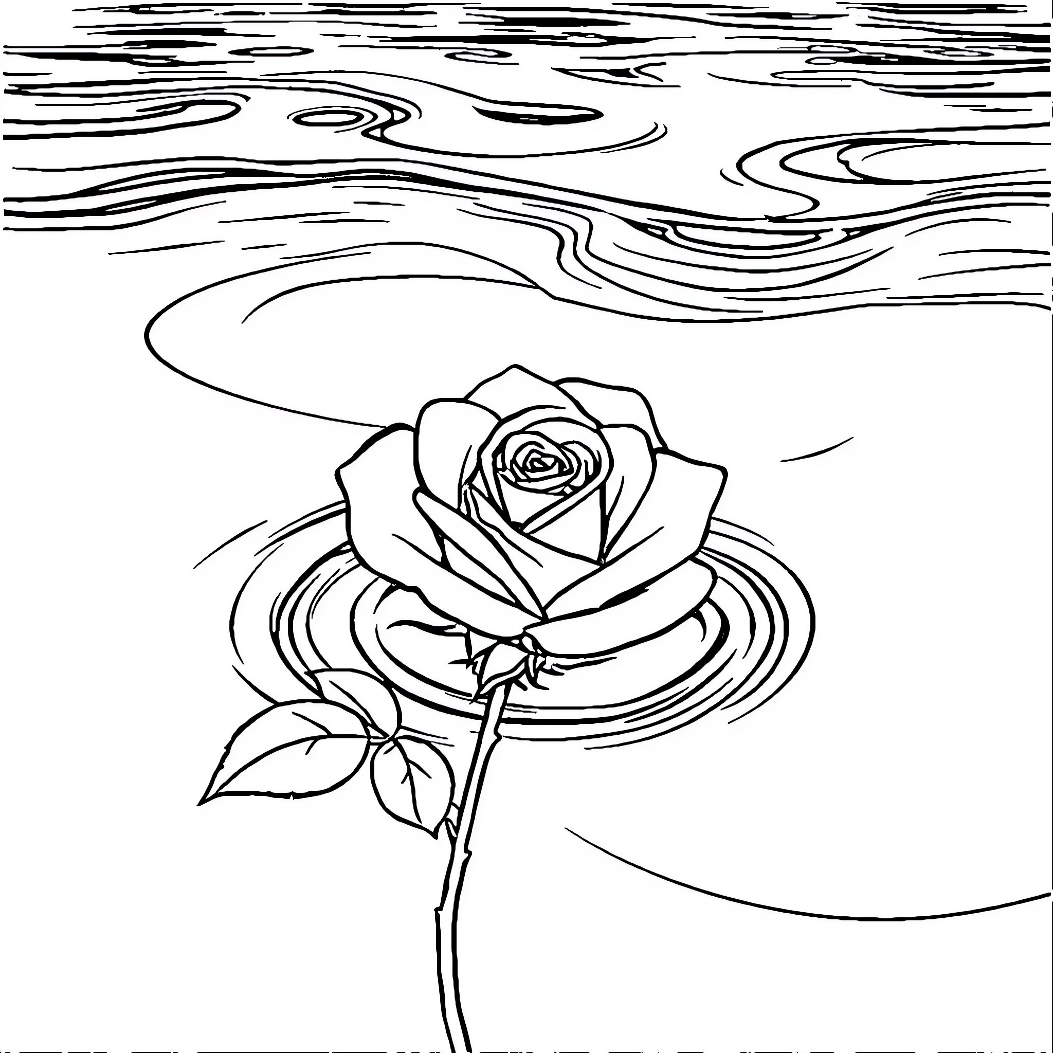 Rose in Reflection on Rippling Water Coloring Page (free black-and-white line drawing printable PDF for all, from beginners to advanced learners, including children, teens, adults, and seniors)