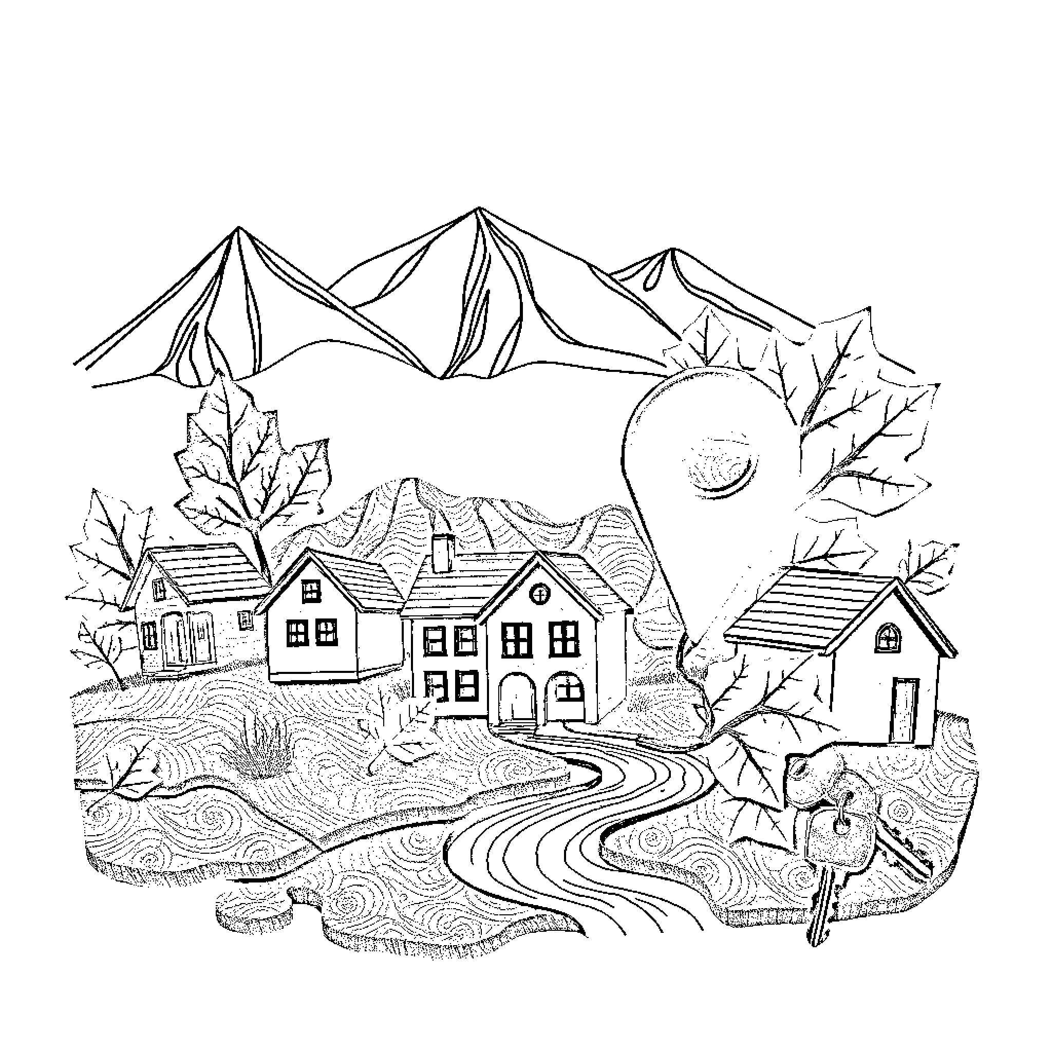 House in Autumn Mountainous Landscape Coloring Page (free black-and-white line drawing printable PDF for all, from beginners to advanced learners, including children, teens, adults, and seniors)
