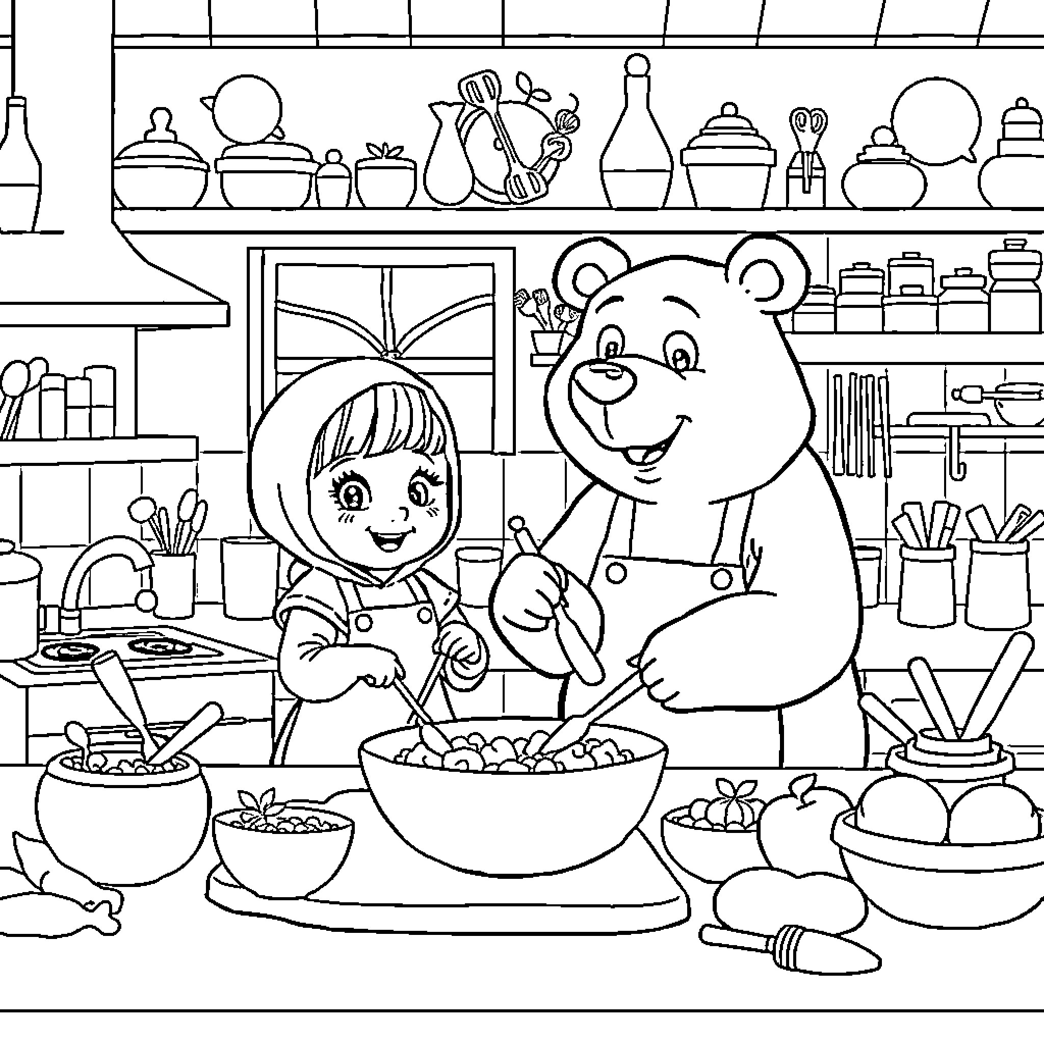 Masha helping bear prepare a meal in the kitchen Coloring Page (free black-and-white line drawing printable PDF for all, from beginners to advanced learners, including children, teens, adults, and seniors)