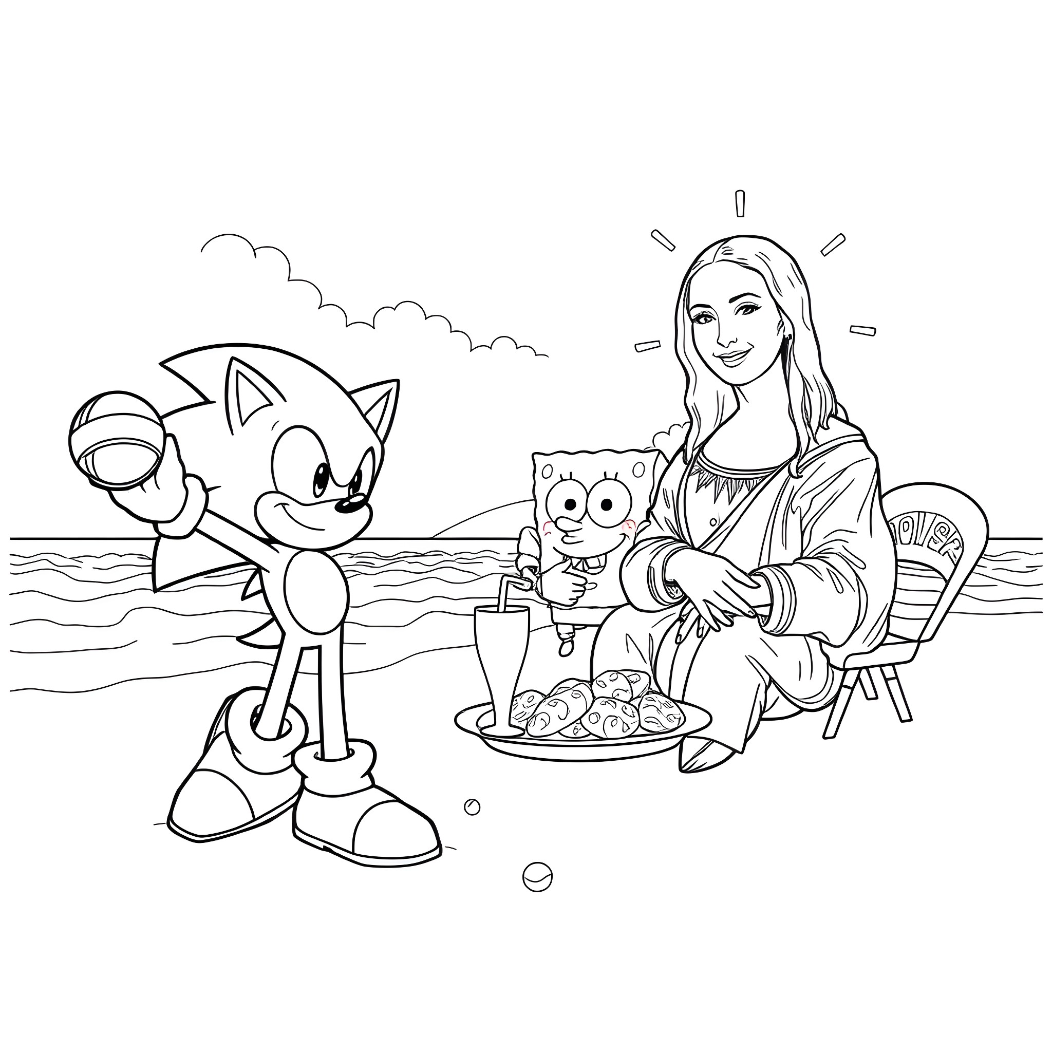 Sonic characters enjoying a picnic by the sea Coloring Page (free black-and-white line drawing printable PDF for all, from beginners to advanced learners, including children, teens, adults, and seniors)