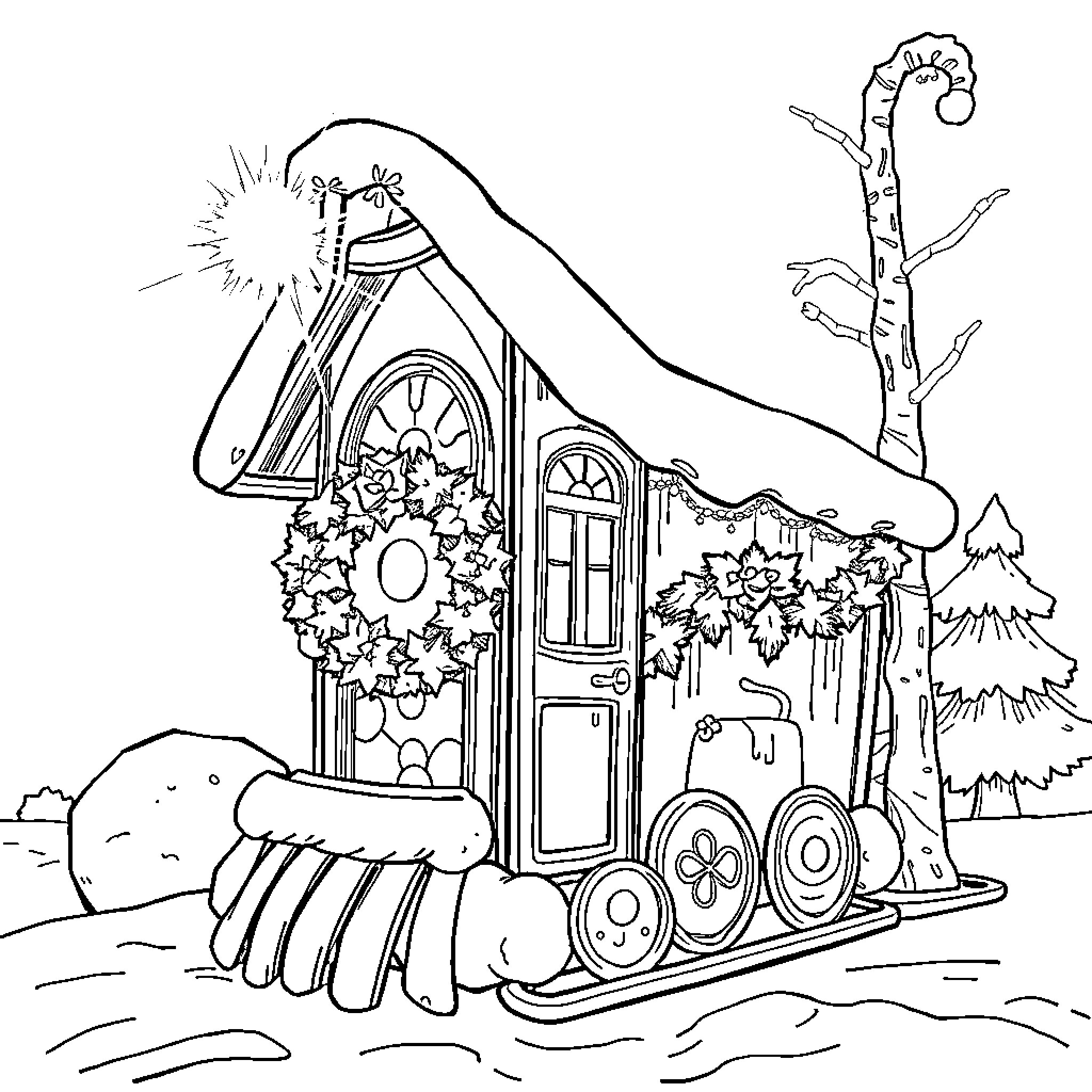 Pumpkin House Adorned with Festive Decorations Coloring Page (free black-and-white line drawing printable PDF for all, from beginners to advanced learners, including children, teens, adults, and seniors)