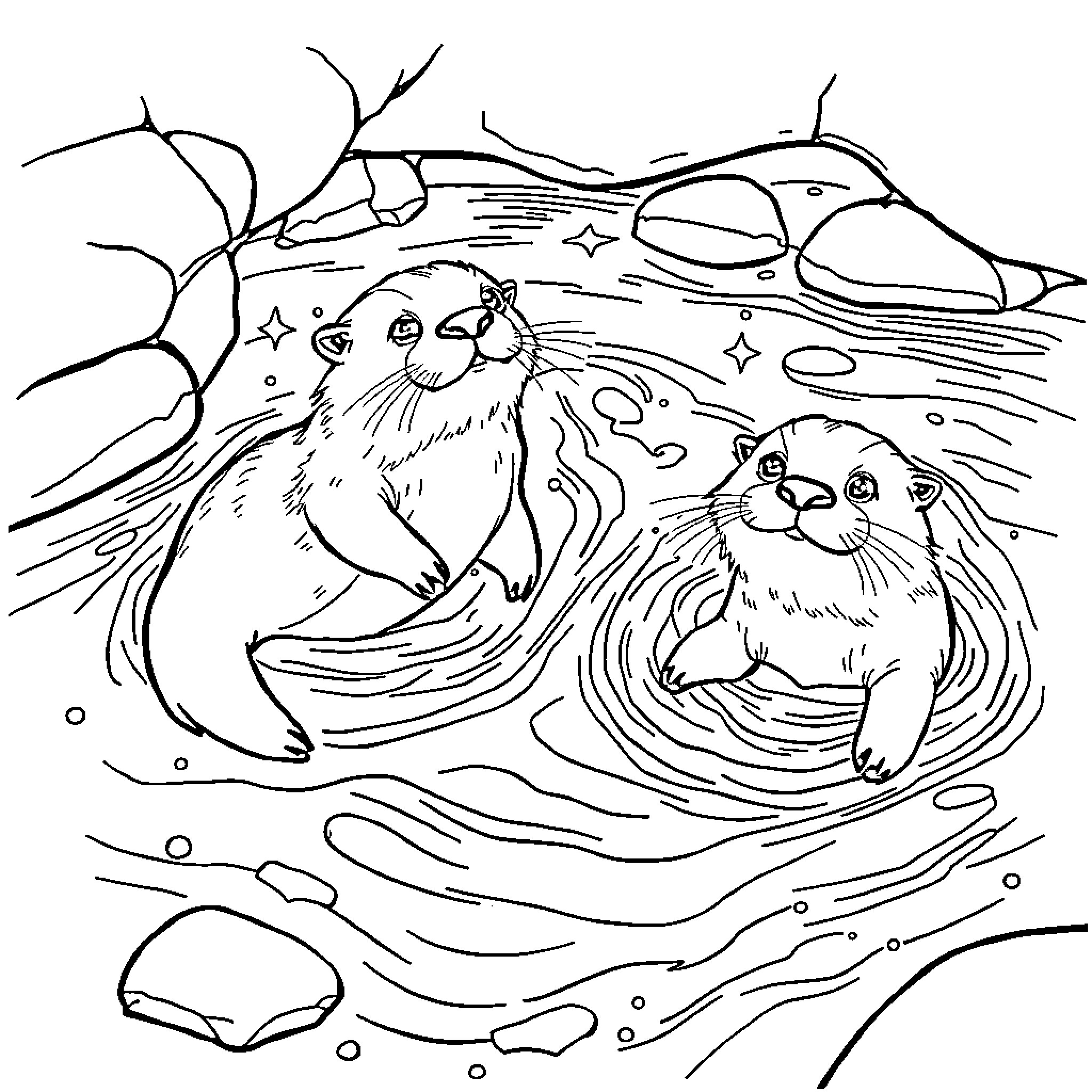 Otters playing joyfully in a whimsical underwater scene Coloring Page (free black-and-white line drawing printable PDF for all, from beginners to advanced learners, including children, teens, adults, and seniors)