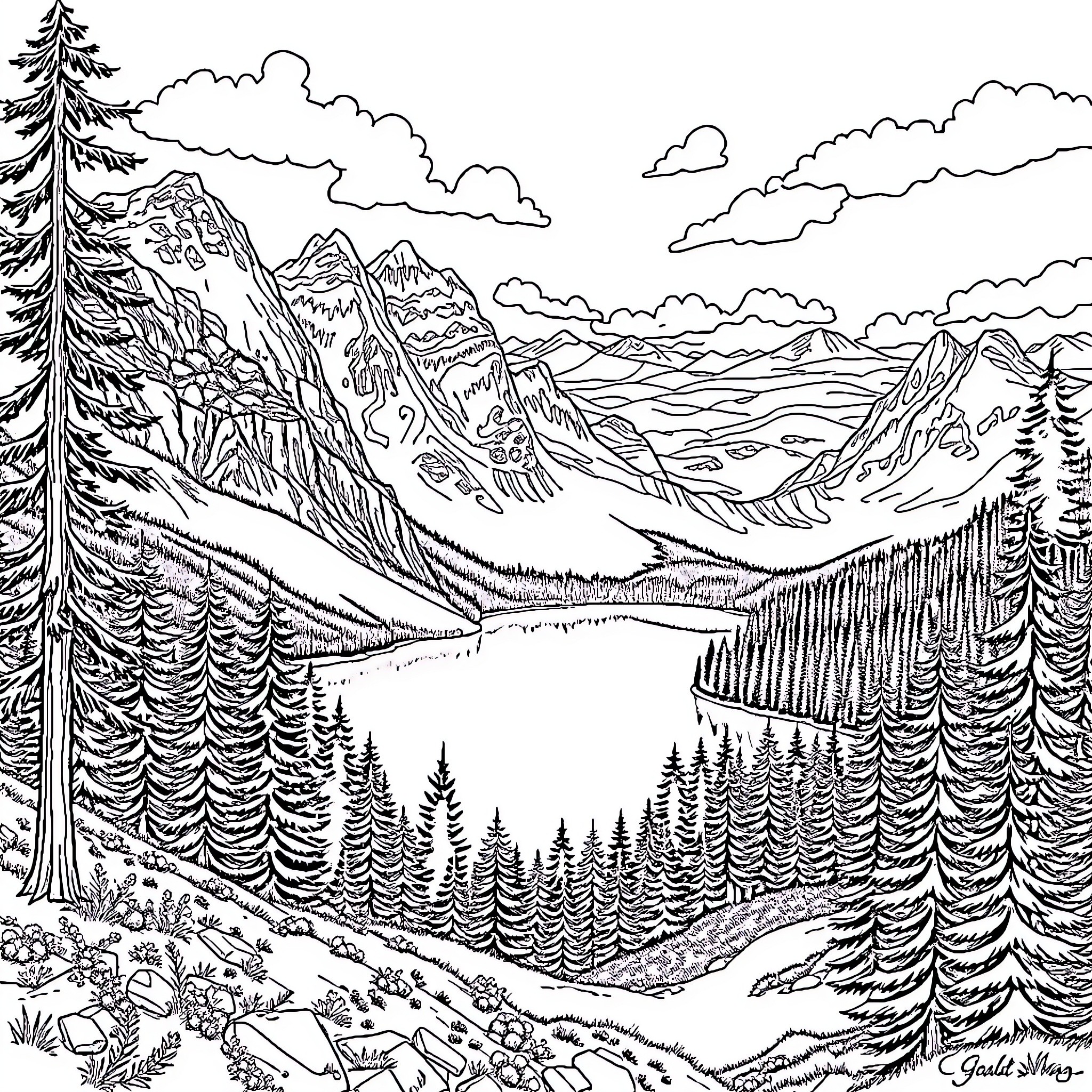 Taylor Swift's Tranquil Mountain Escape Coloring Page (free black-and-white line drawing printable PDF for all, from beginners to advanced learners, including children, teens, adults, and seniors)