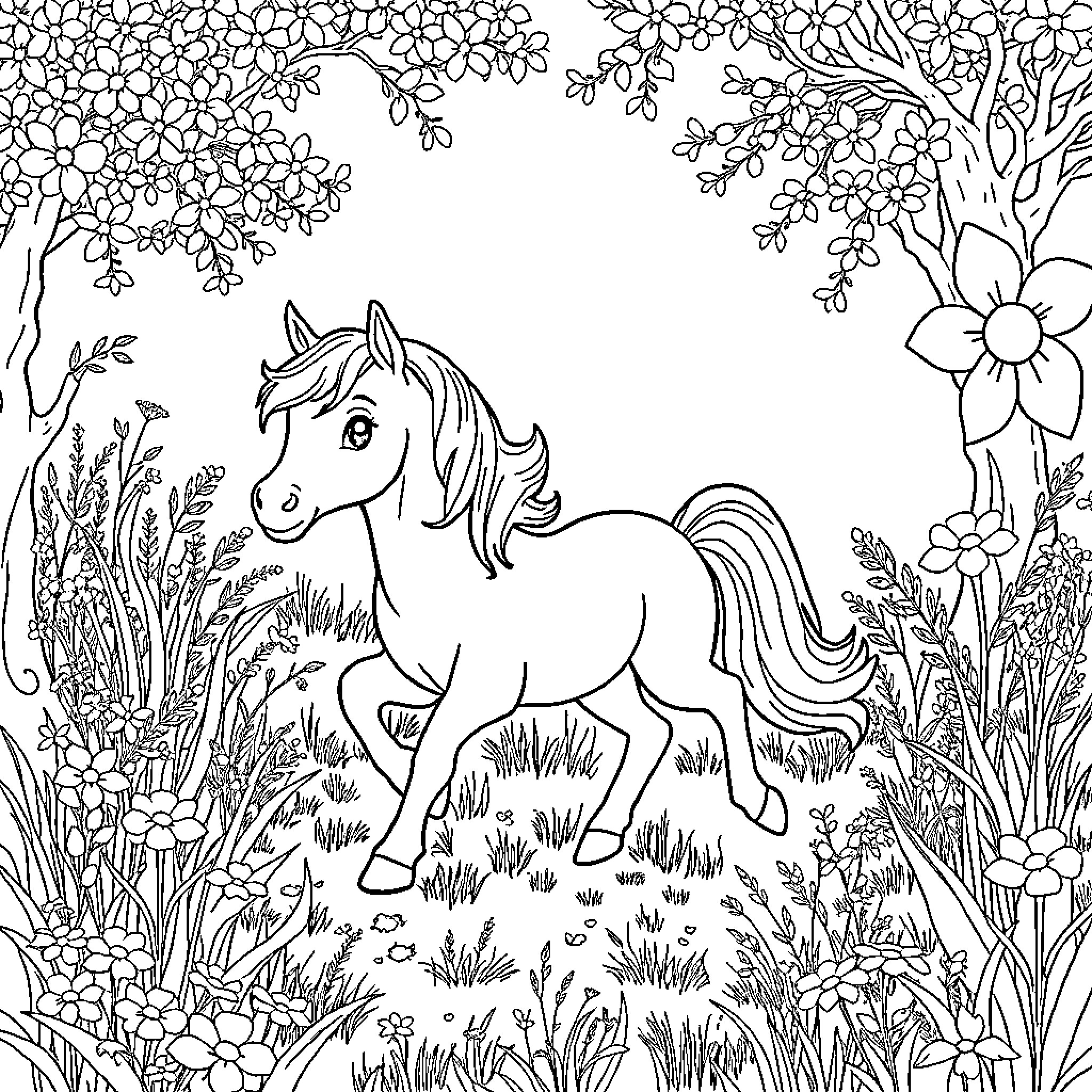 Pony frolicking in a floral meadow Coloring Page (free black-and-white line drawing printable PDF for all, from beginners to advanced learners, including children, teens, adults, and seniors)