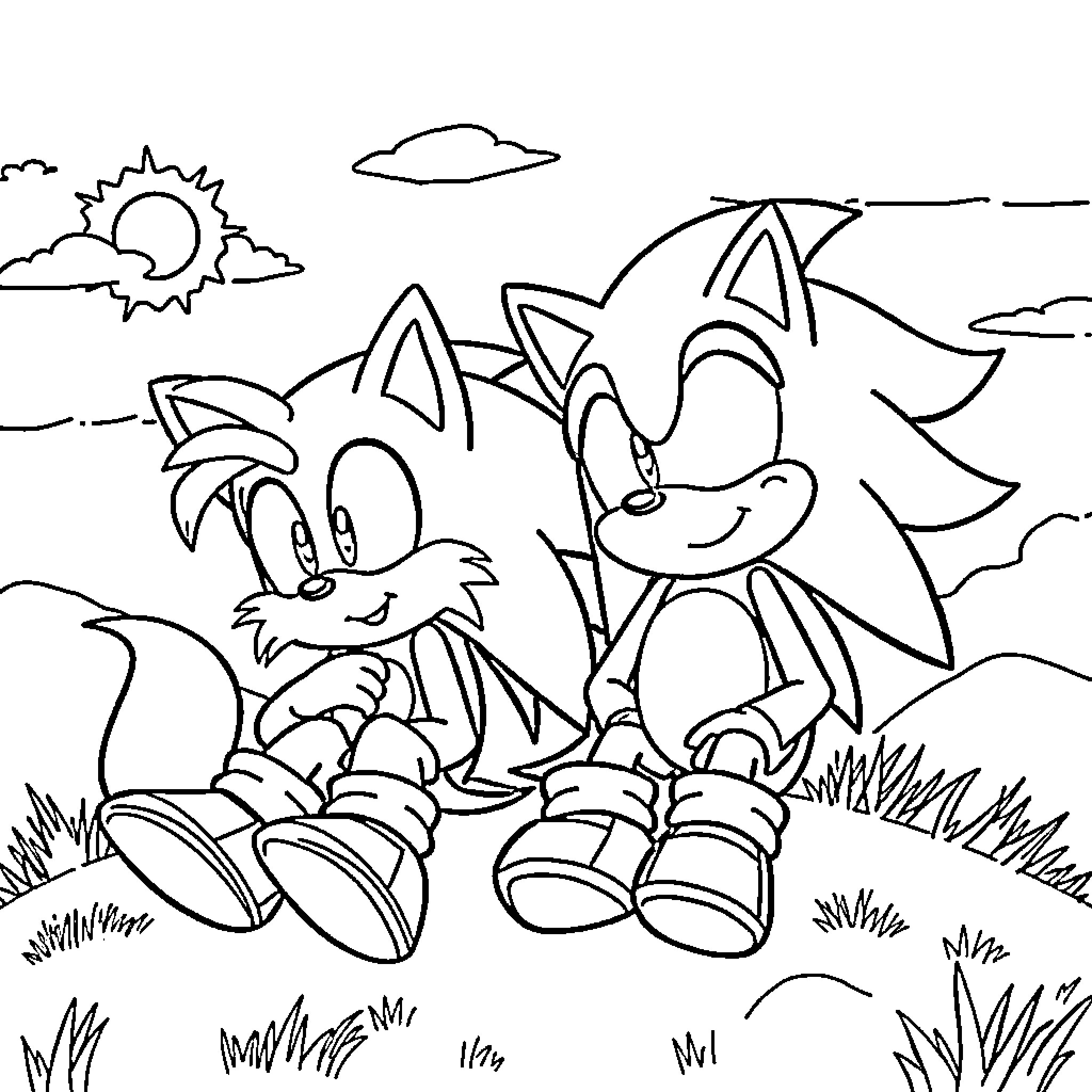 Sonic and friend adventure in the outdoors Coloring Page (free black-and-white line drawing printable PDF for all, from beginners to advanced learners, including children, teens, adults, and seniors)