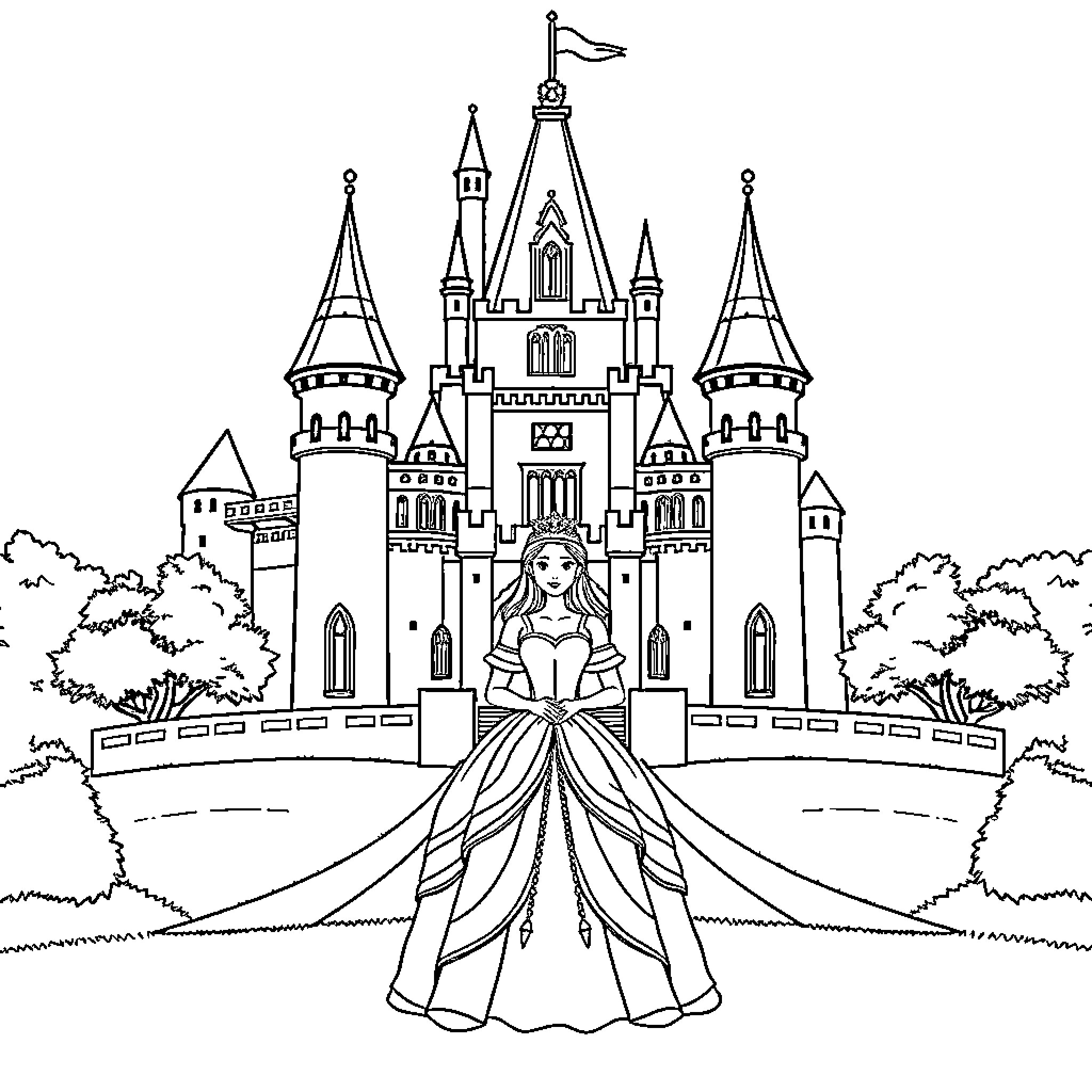 Princess in a grand castle with towers Coloring Page (free black-and-white line drawing printable PDF for all, from beginners to advanced learners, including children, teens, adults, and seniors)