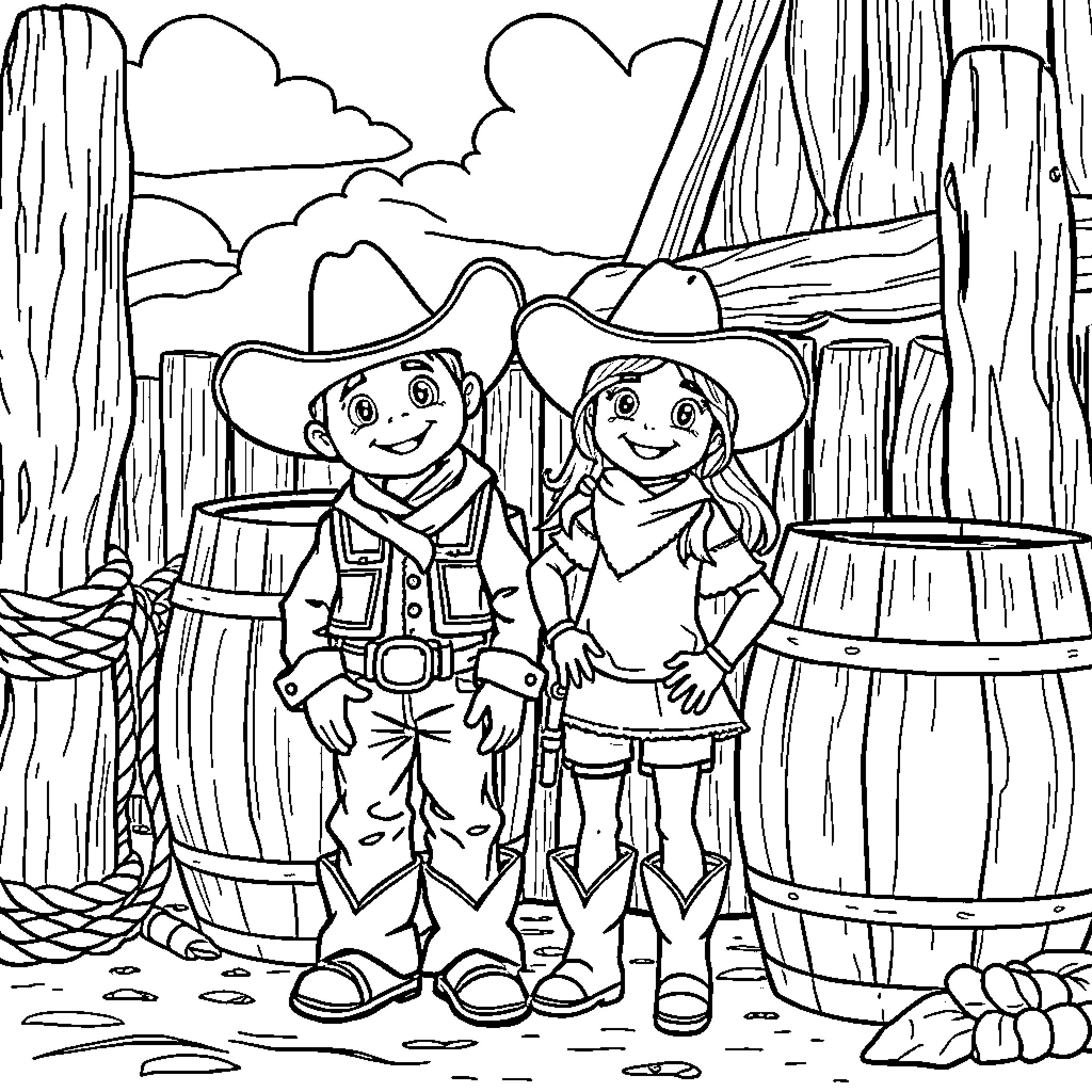 Cowboy Kids Exploring the Wild West Coloring Page (free black-and-white line drawing printable PDF for all, from beginners to advanced learners, including children, teens, adults, and seniors)