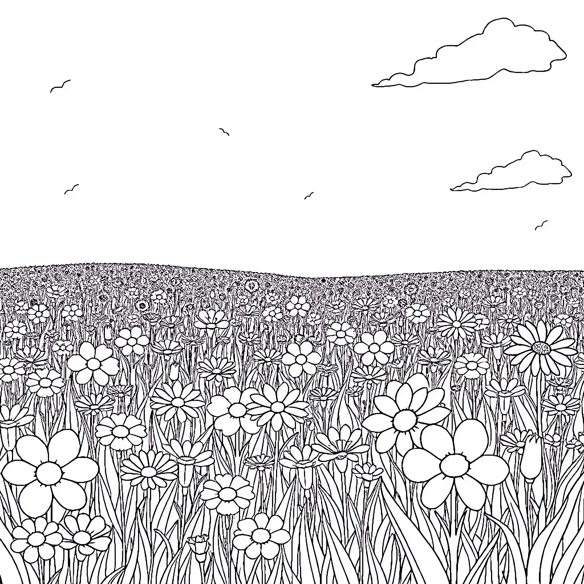 Flower field with cloud-filled sky Coloring Page (free black-and-white line drawing printable PDF for all, from beginners to advanced learners, including children, teens, adults, and seniors)