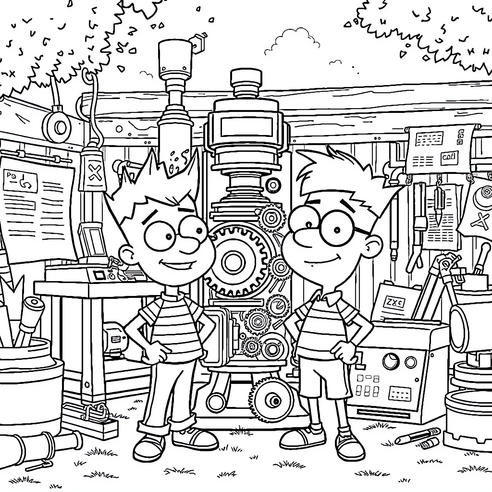 Phineas and Ferb's Invention Workshop Coloring Page (free black-and-white line drawing printable PDF for all, from beginners to advanced learners, including children, teens, adults, and seniors)