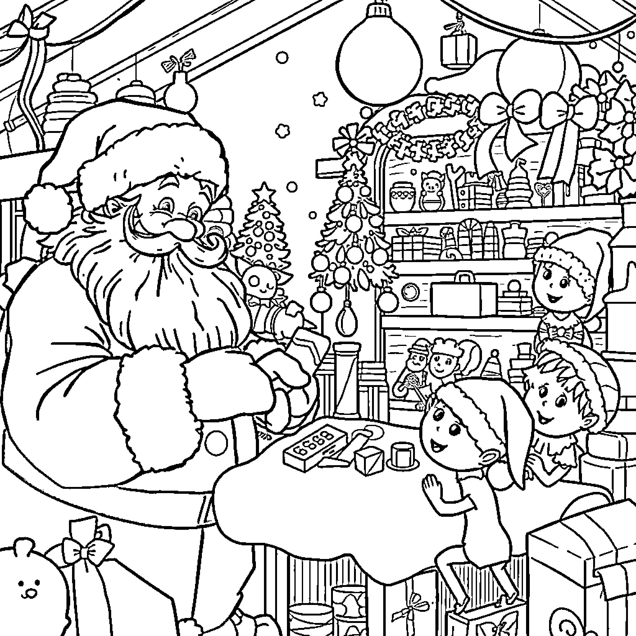 Santa entertaining children with Christmas decorations Coloring Page (free black-and-white line drawing printable PDF for all, from beginners to advanced learners, including children, teens, adults, and seniors)