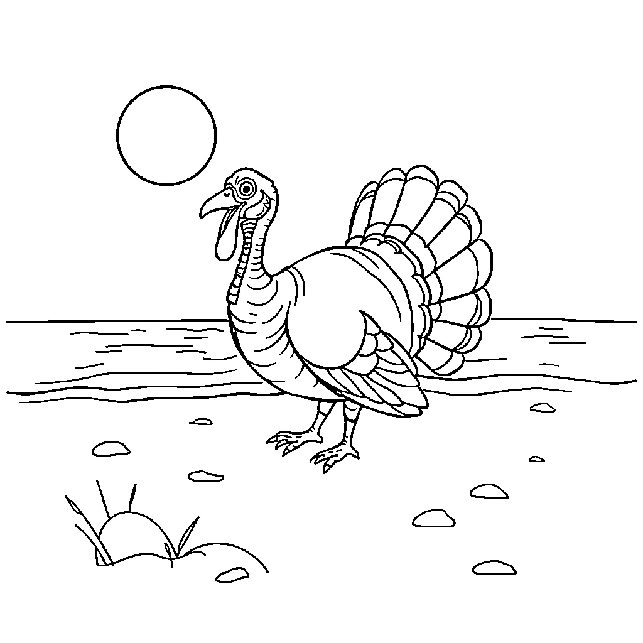 Turkey strutting gracefully in a scenic landscape Coloring Page (free black-and-white line drawing printable PDF for all, from beginners to advanced learners, including children, teens, adults, and seniors)