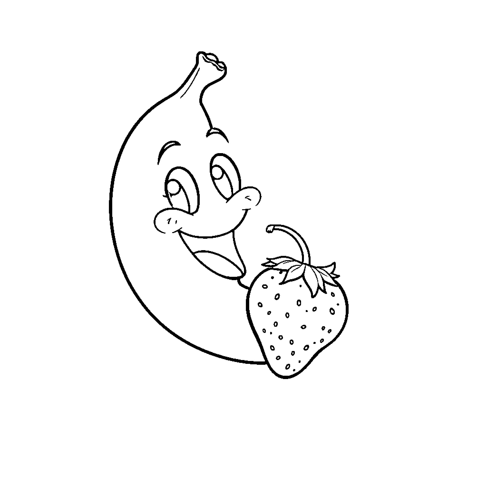 Banana sharing a strawberry with a smiling face Coloring Page (free black-and-white line drawing printable PDF for all, from beginners to advanced learners, including children, teens, adults, and seniors)