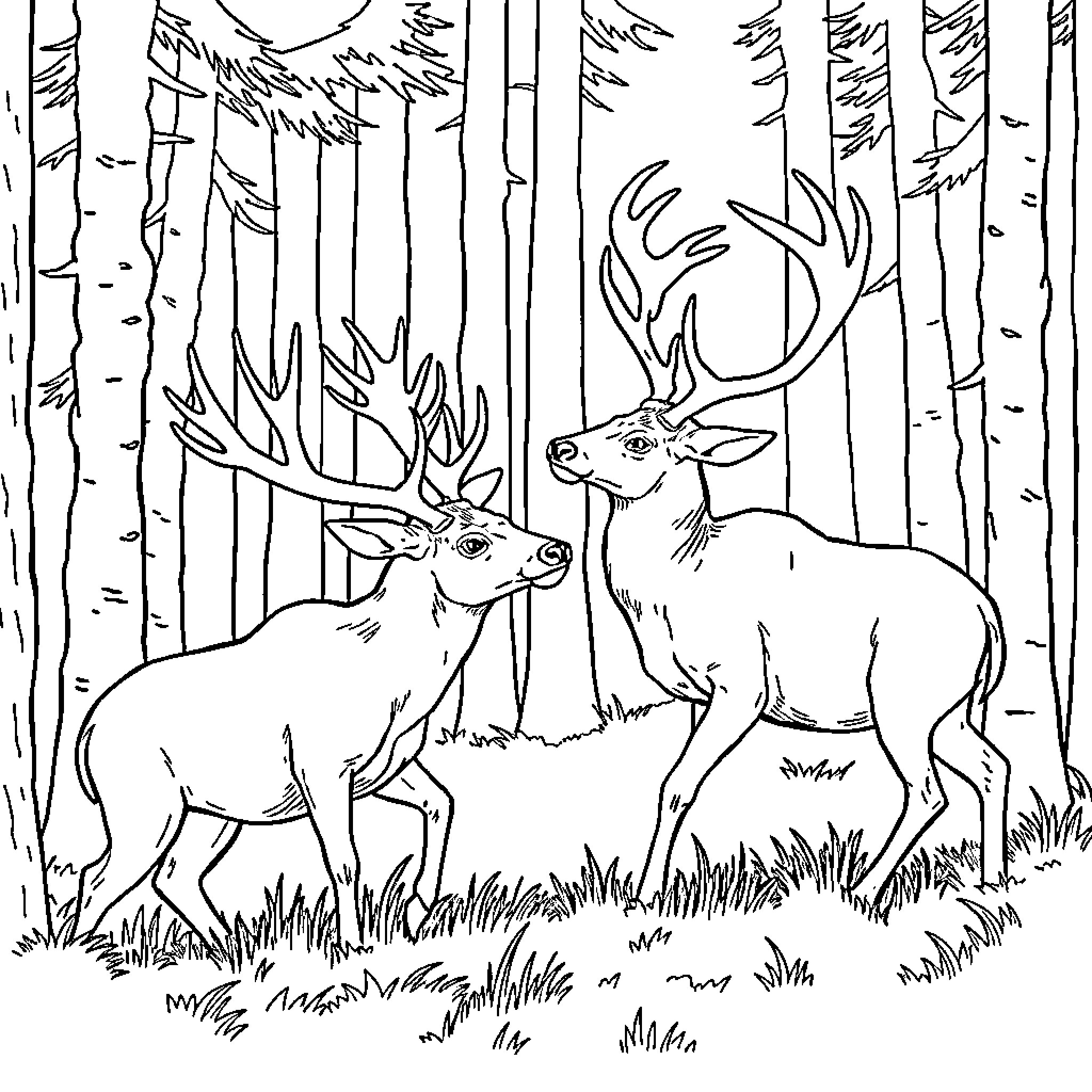 Buck Deer Standing Tall in the Forest Coloring Page (free black-and-white line drawing printable PDF for all, from beginners to advanced learners, including children, teens, adults, and seniors)