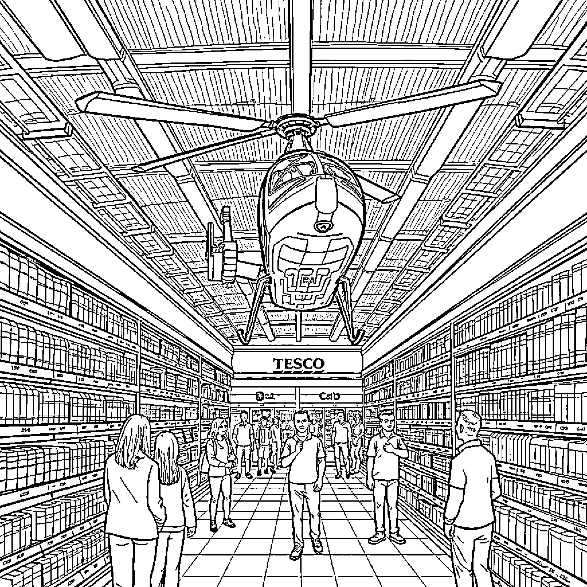 Helicopter hovering above a crowded supermarket Coloring Page (free black-and-white line drawing printable PDF for all, from beginners to advanced learners, including children, teens, adults, and seniors)