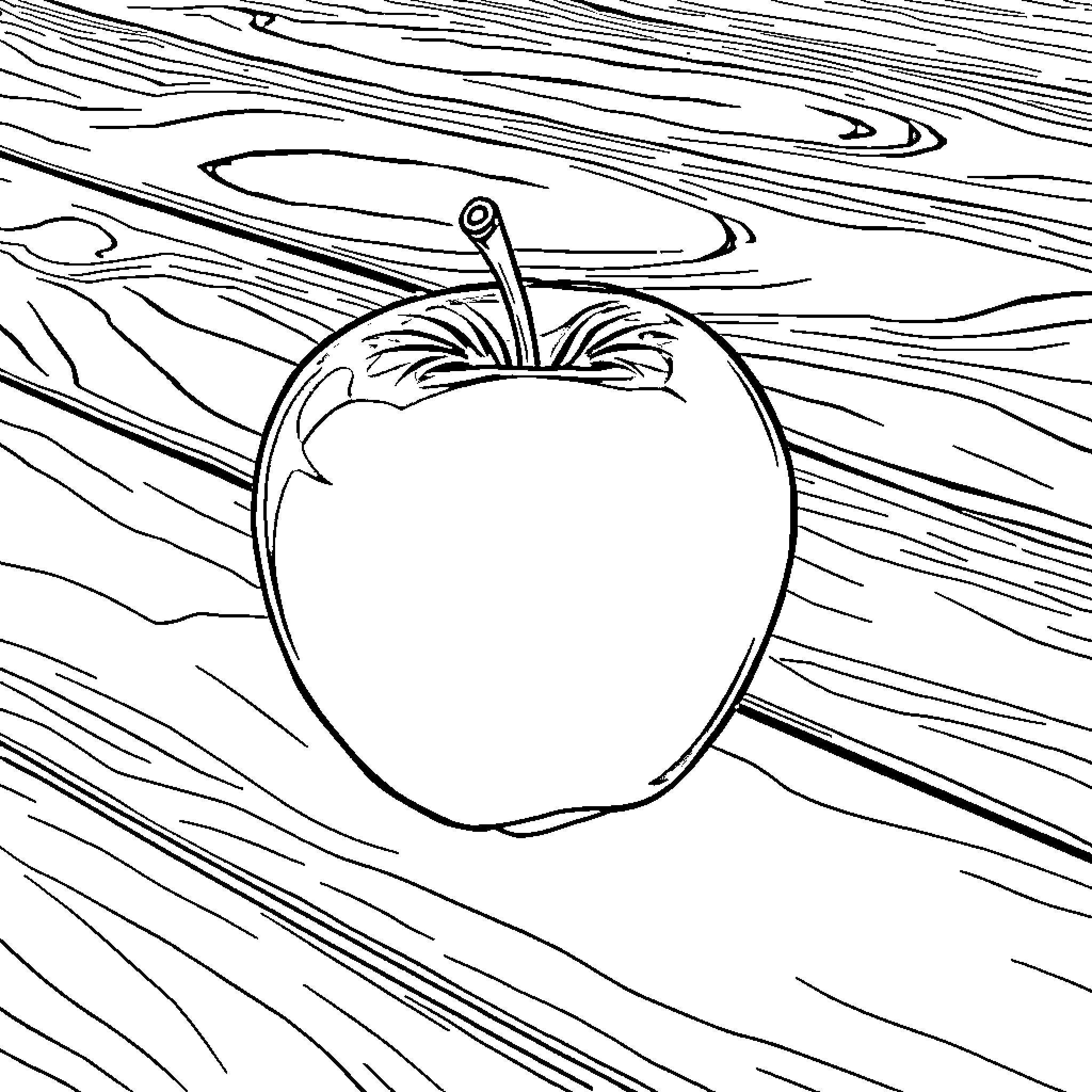 Apple on wooden table Coloring Page (free black-and-white line drawing printable PDF for all, from beginners to advanced learners, including children, teens, adults, and seniors)