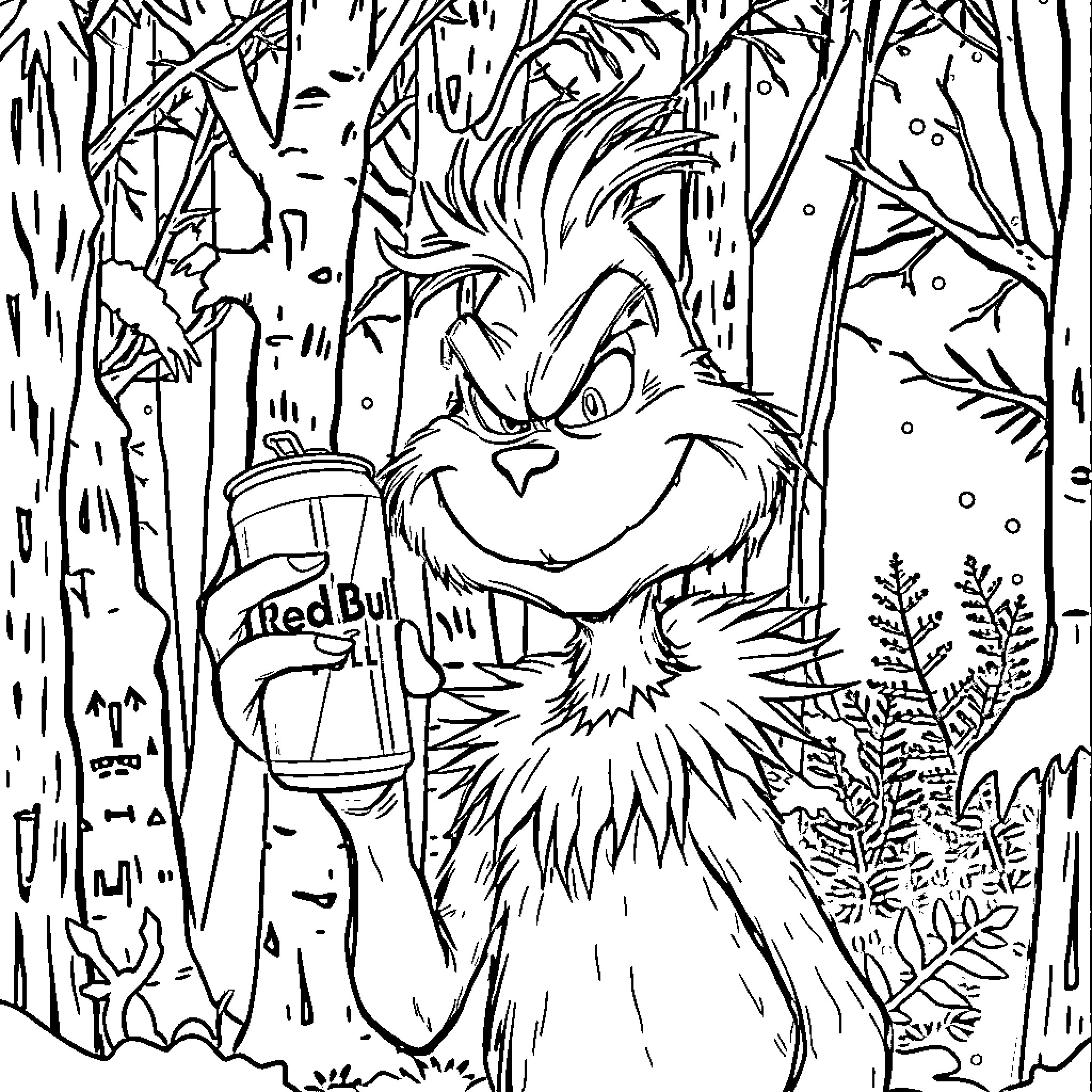 Grinch enjoying a drink in the forest Coloring Page (free black-and-white line drawing printable PDF for all, from beginners to advanced learners, including children, teens, adults, and seniors)