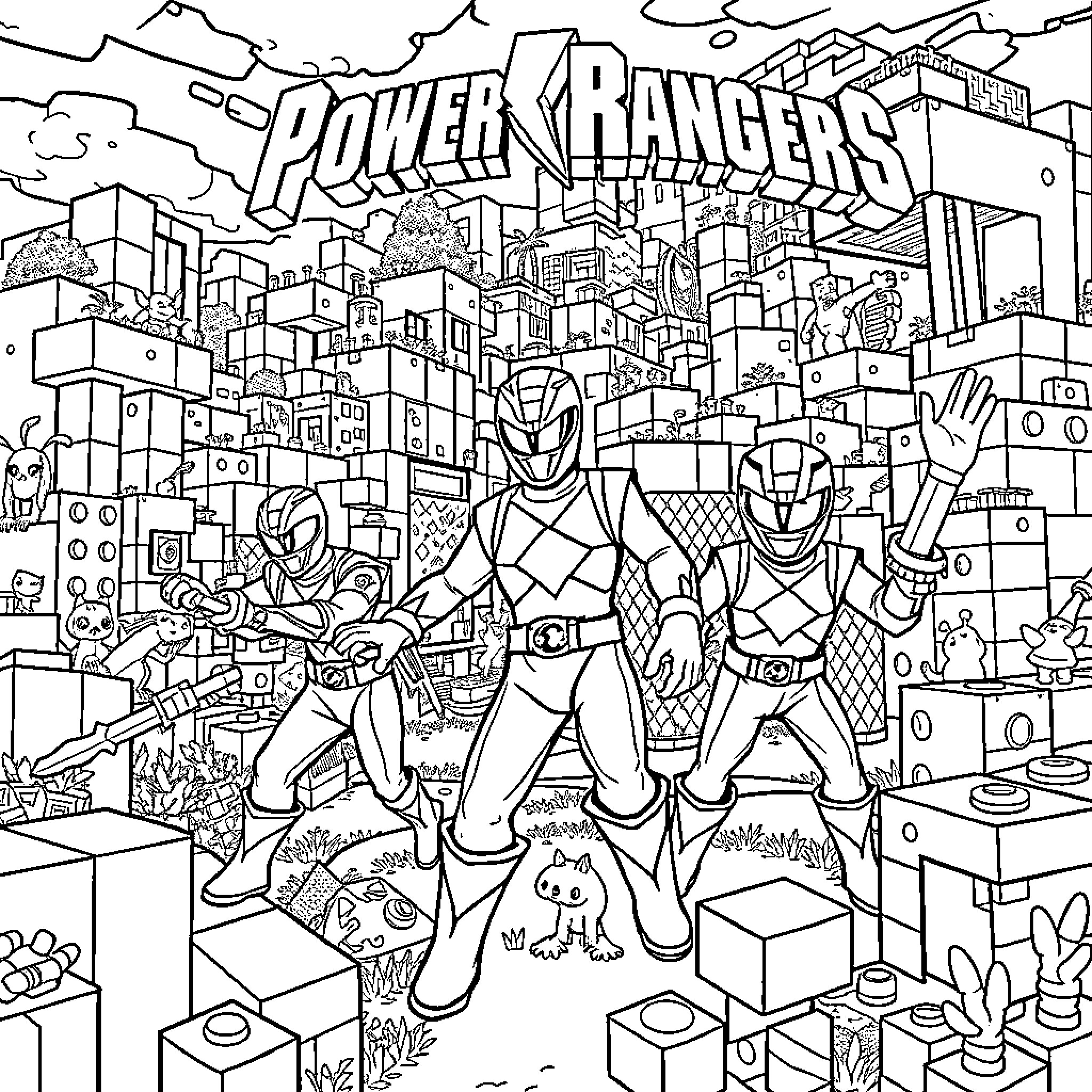 Power Rangers saving the city from chaos Coloring Page (free black-and-white line drawing printable PDF for all, from beginners to advanced learners, including children, teens, adults, and seniors)