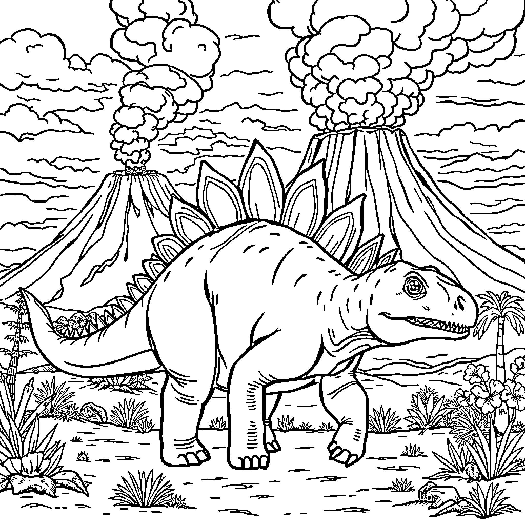 Stegosaurus roaming amidst volcanic landscapes Coloring Page (free black-and-white line drawing printable PDF for all, from beginners to advanced learners, including children, teens, adults, and seniors)